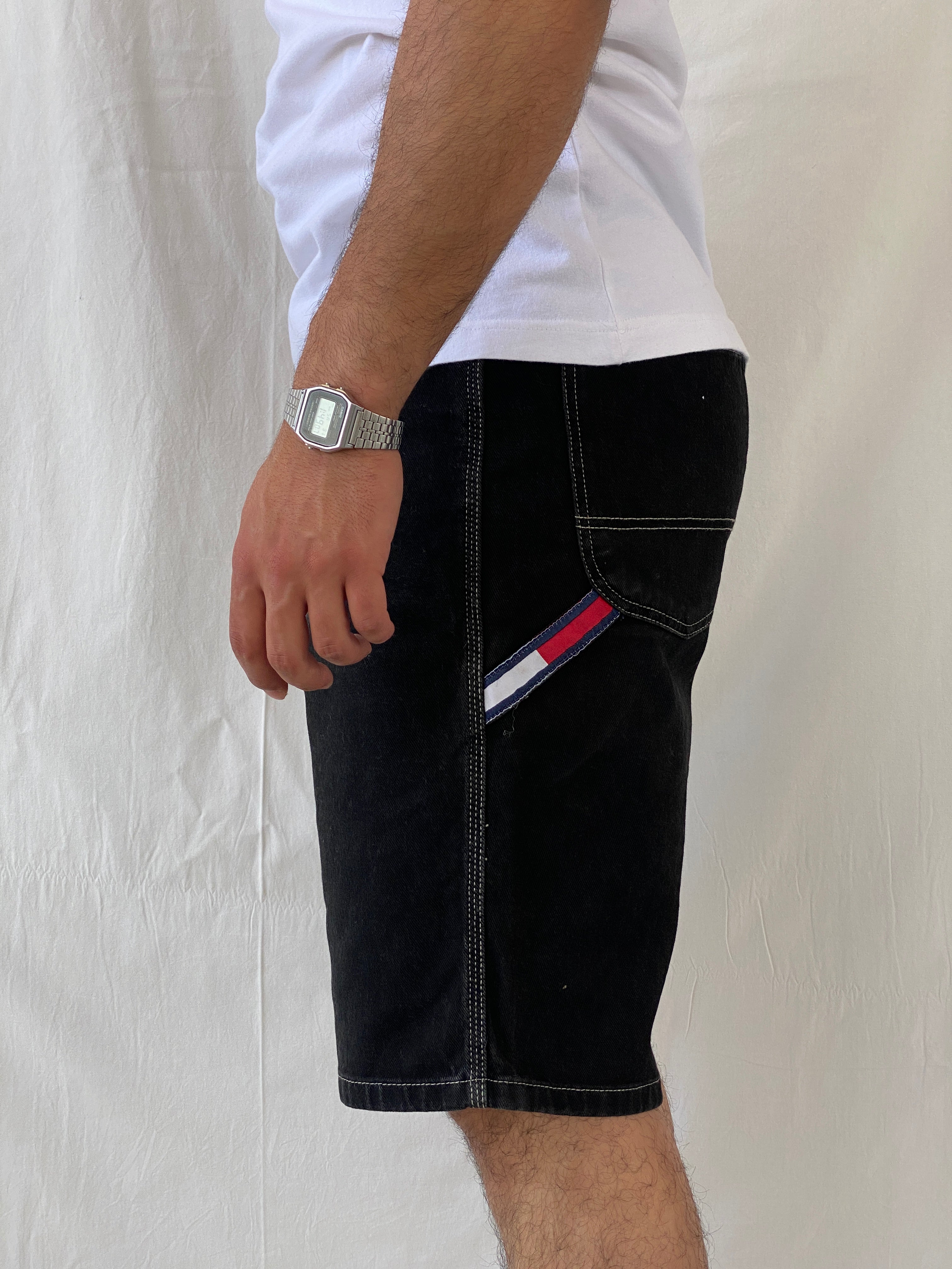Vintage Y2K Tommy Jeans Hilfiger Black Carpenter Denim Shorts 2003 Baggy Hip Hop Jorts - Balagan Vintage Shorts 00s, 90s, denim, HipHop, hiphop jeans, jeans, Ramez, shorts
