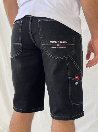Vintage Y2K Tommy Jeans Hilfiger Black Carpenter Denim Shorts 2003 Baggy Hip Hop Jorts - Balagan Vintage Shorts 00s, 90s, denim, HipHop, hiphop jeans, jeans, Ramez, shorts