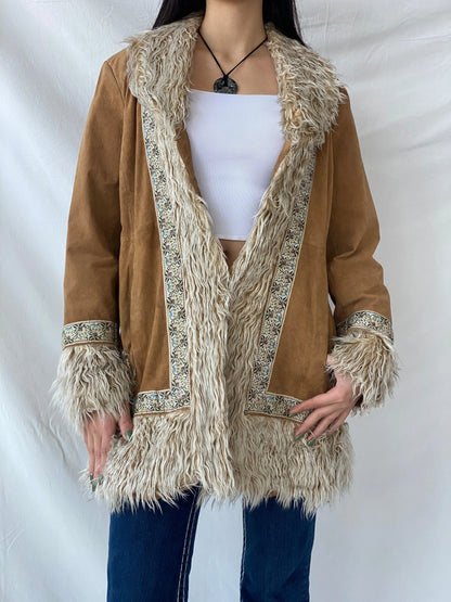 Vintage Y2K Xhilaration Genuine Suede Penny Lane Afghan Style Fur-Lined Floral Embroidered Coat - XL - Balagan Vintage Leather Coat 90s, brown leather, Coats&Jackets, genuine leather, genuine leather jacket, Syntia, winter, Women's Coats, Women's Leather Jackets
