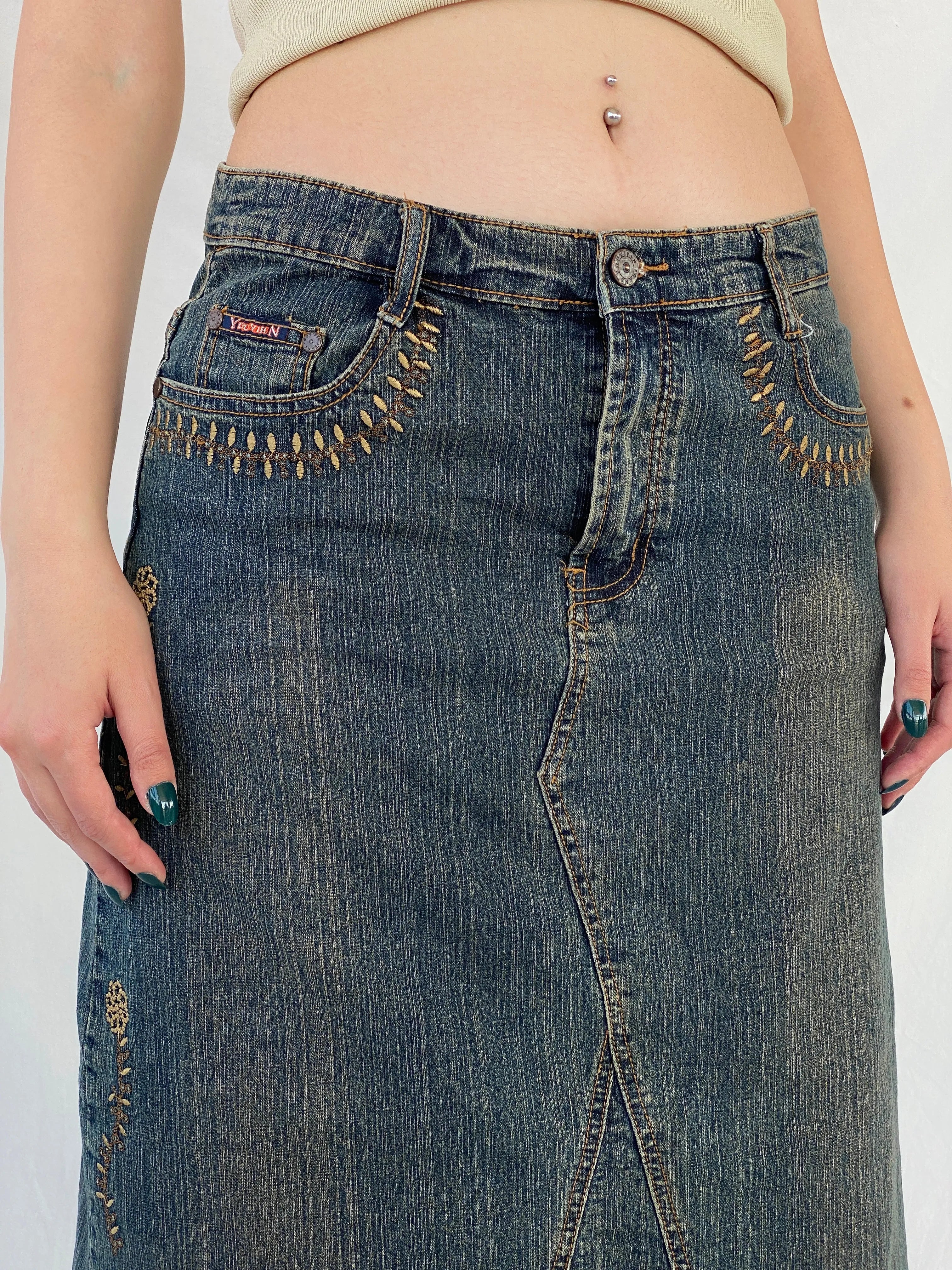 Vintage Y2K Youyipin Jeans Maxi A-line Embroidered Denim Skirt - 42EUR - Balagan Vintage Denim Skirt 00s, Ayah, denim, maxi denim skirt, mini skirt, winter