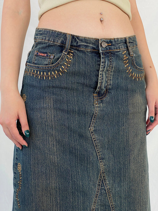 Vintage Y2K Youyipin Jeans Maxi A-line Embroidered Denim Skirt - 42EUR - Balagan Vintage Denim Skirt 00s, Ayah, denim, maxi denim skirt, mini skirt, winter