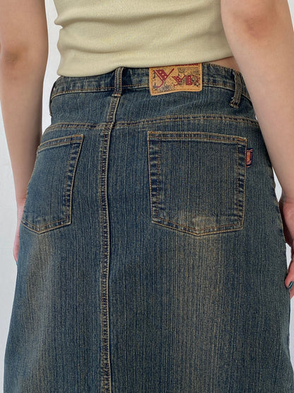 Vintage Y2K Youyipin Jeans Maxi A-line Embroidered Denim Skirt - 42EUR - Balagan Vintage Denim Skirt 00s, Ayah, denim, maxi denim skirt, mini skirt, winter