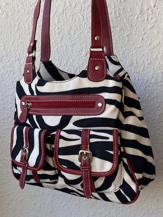 Vintage Y2K Zebra Print Black White Shoulder Bag Canvas with Faux Leather Red Detailing Purse - Balagan Vintage Shoulder Bag 00s, 90s, bag, shoulder bag, Y2K, zebra, zebra print
