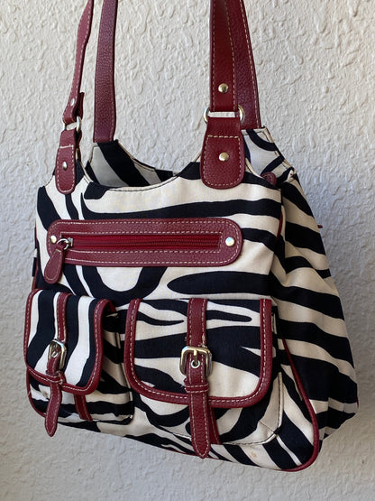 Vintage Y2K Zebra Print Black White Shoulder Bag Canvas with Faux Leather Red Detailing Purse - Balagan Vintage Shoulder Bag 00s, 90s, bag, shoulder bag, Y2K, zebra, zebra print