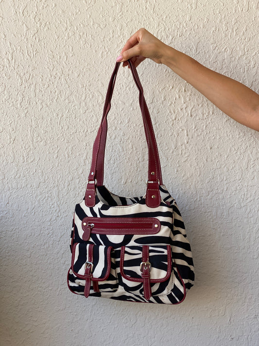 Vintage Y2K Zebra Print Black White Shoulder Bag Canvas with Faux Leather Red Detailing Purse - Balagan Vintage Shoulder Bag 00s, 90s, bag, shoulder bag, Y2K, zebra, zebra print