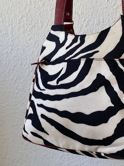 Vintage Y2K Zebra Print Black White Shoulder Bag Canvas with Faux Leather Red Detailing Purse - Balagan Vintage Shoulder Bag 00s, 90s, bag, shoulder bag, Y2K, zebra, zebra print