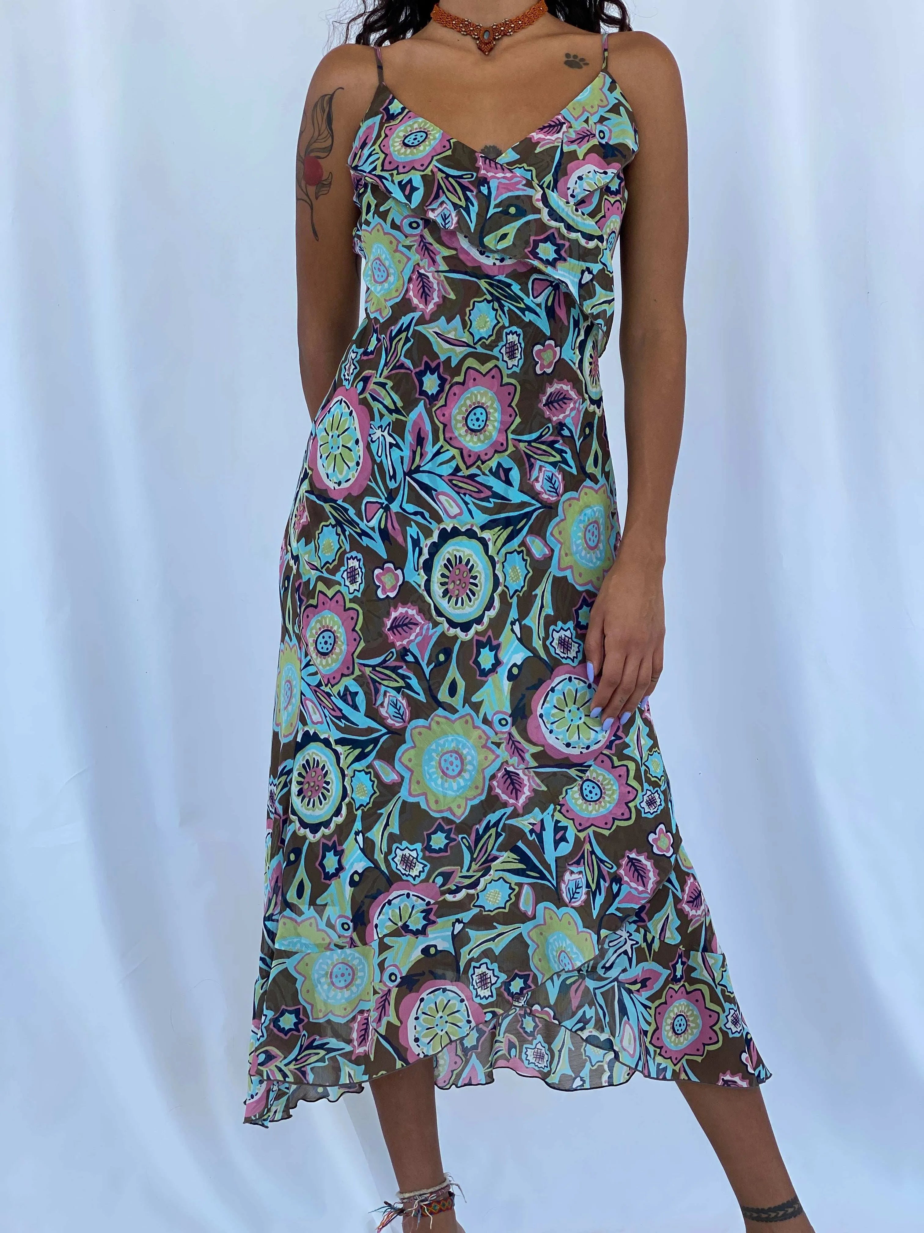 Vintage Y2K Zero Floral Midi Dress - Size S - Balagan Vintage Midi Dress 00s, midi dress, Tojan, Y2K dress