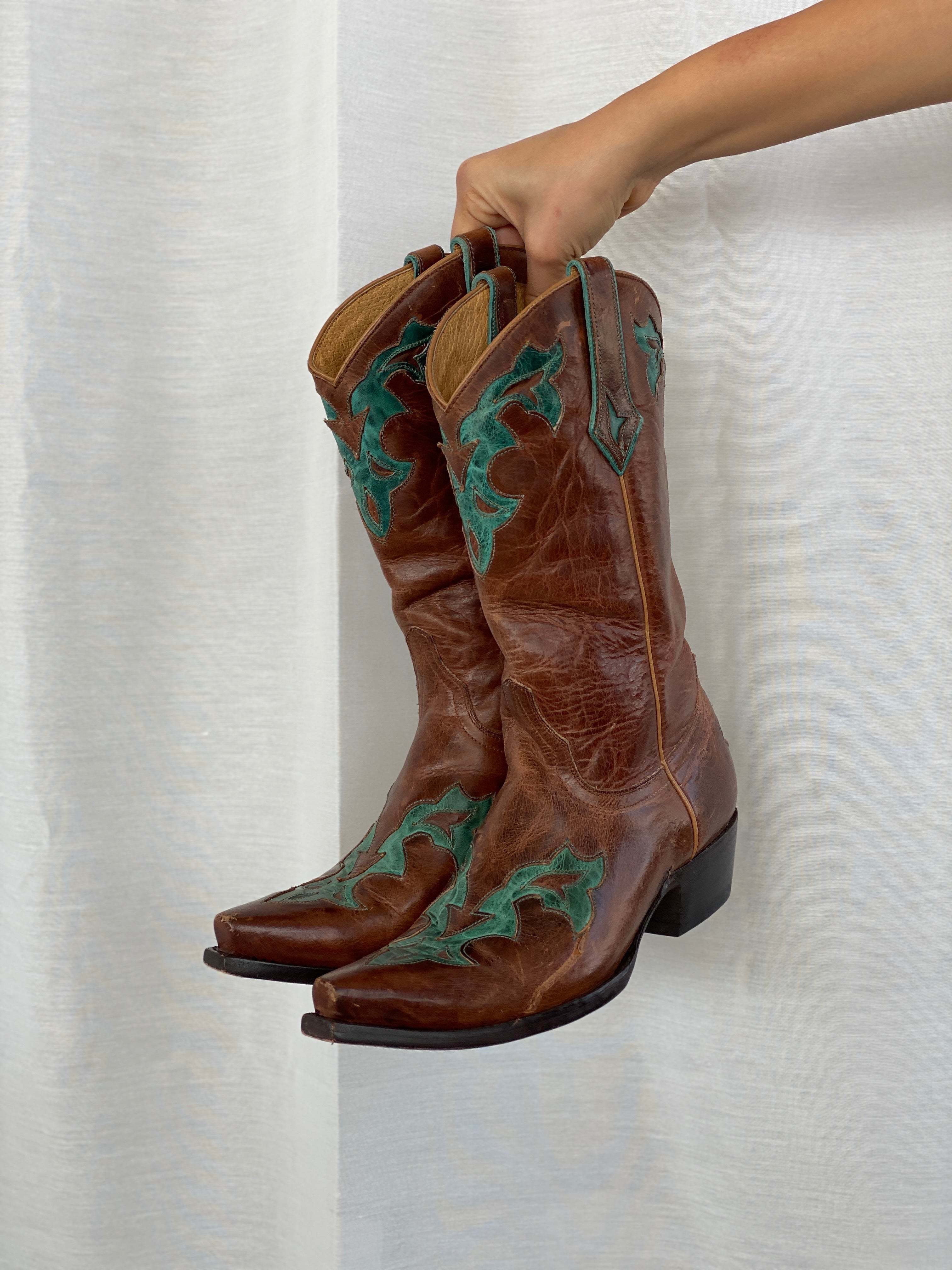 Vintage Yippee ki Yay Old Gringo Turquoise & Brown Genuine Leather Cowboy Boots - 39EUR - Balagan Vintage Cowboy boots 00s, 90s, Boots, brown leather, cowboy, cowboy boots, shoes