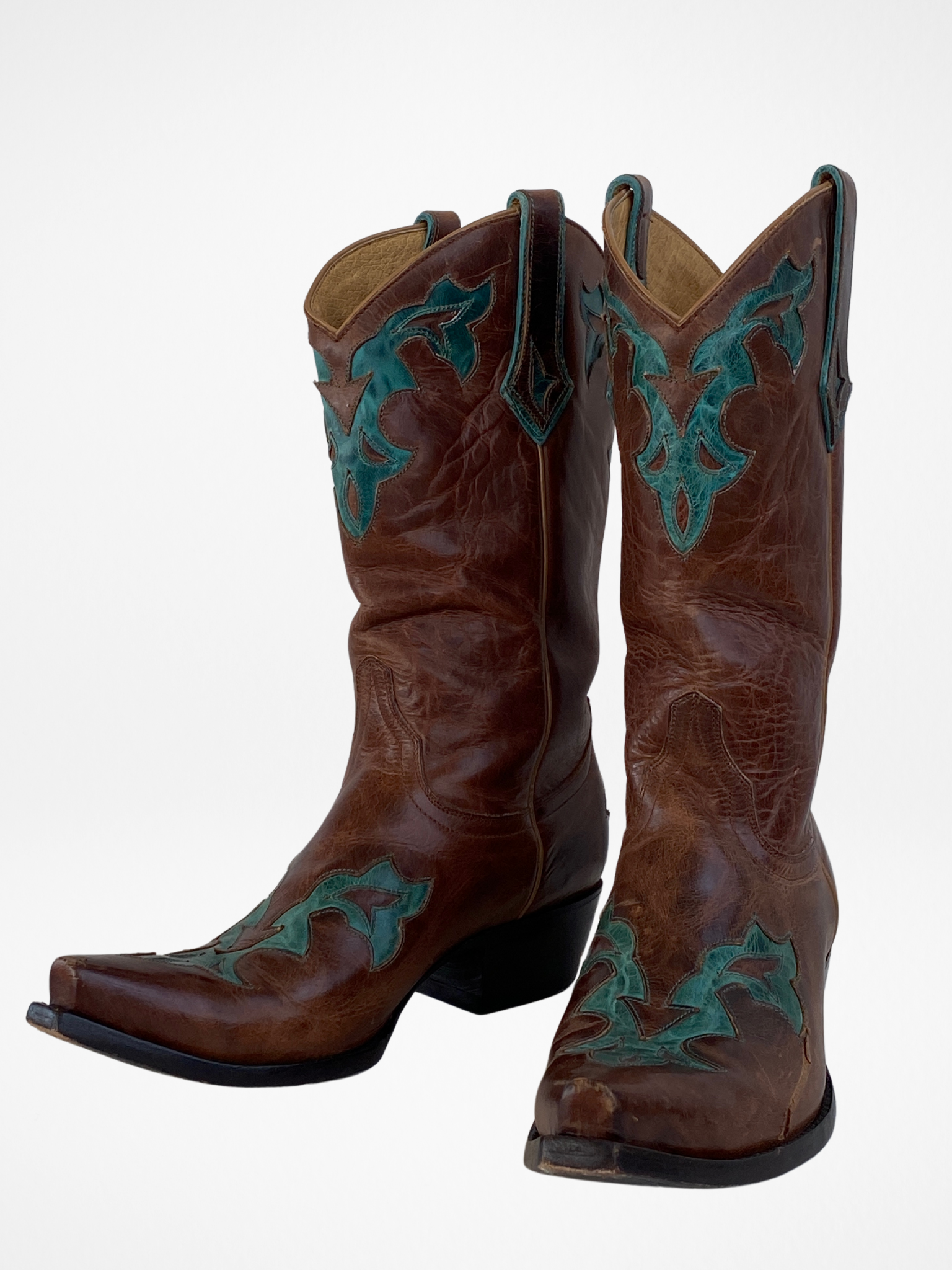 Vintage Yippee ki Yay Old Gringo Turquoise & Brown Genuine Leather Cowboy Boots - 39EUR - Balagan Vintage Cowboy boots 00s, 90s, Boots, brown leather, cowboy, cowboy boots, NEW IN, shoes