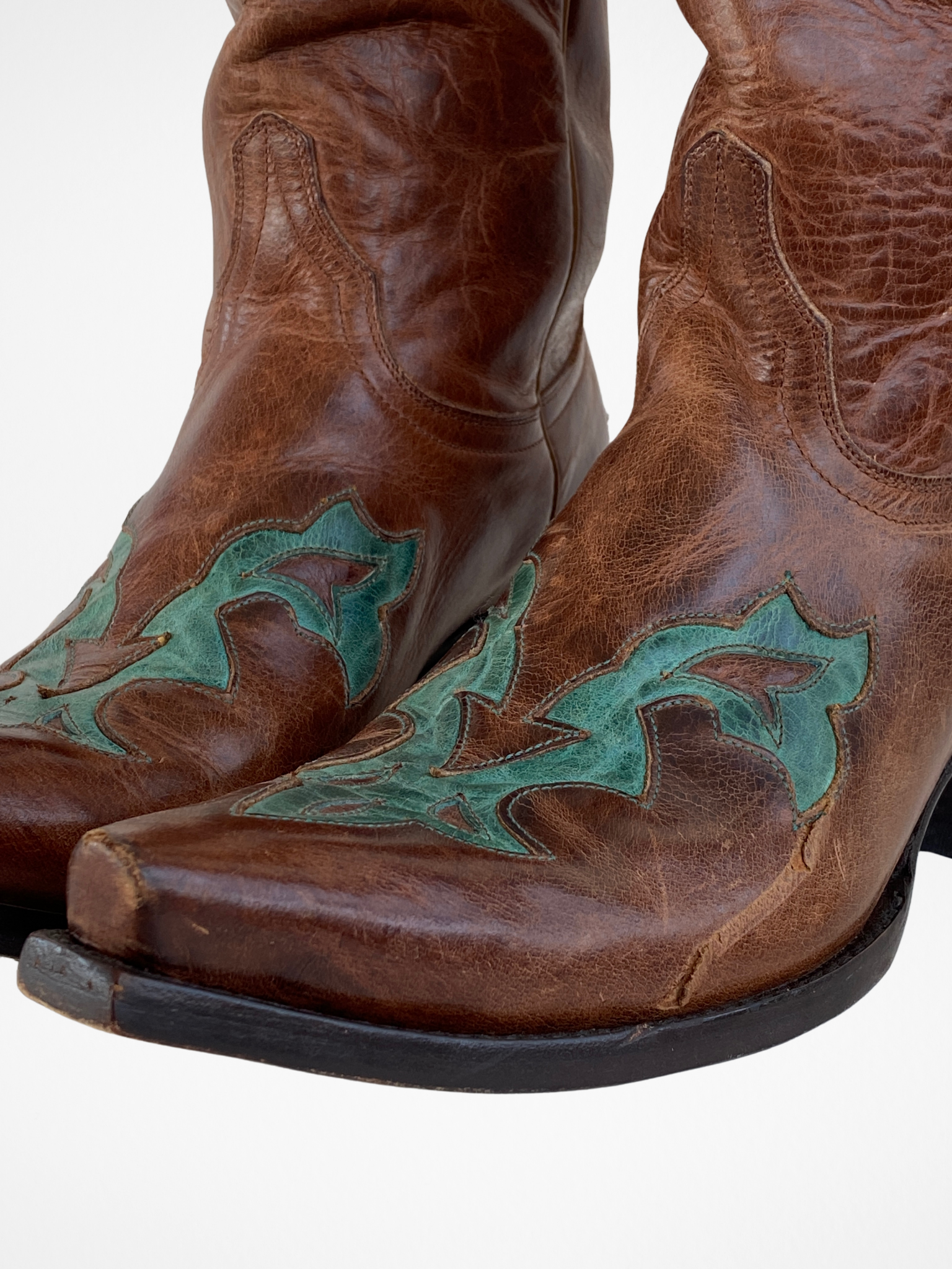 Vintage Yippee ki Yay Old Gringo Turquoise & Brown Genuine Leather Cowboy Boots - 39EUR - Balagan Vintage Cowboy boots 00s, 90s, Boots, brown leather, cowboy, cowboy boots, NEW IN, shoes