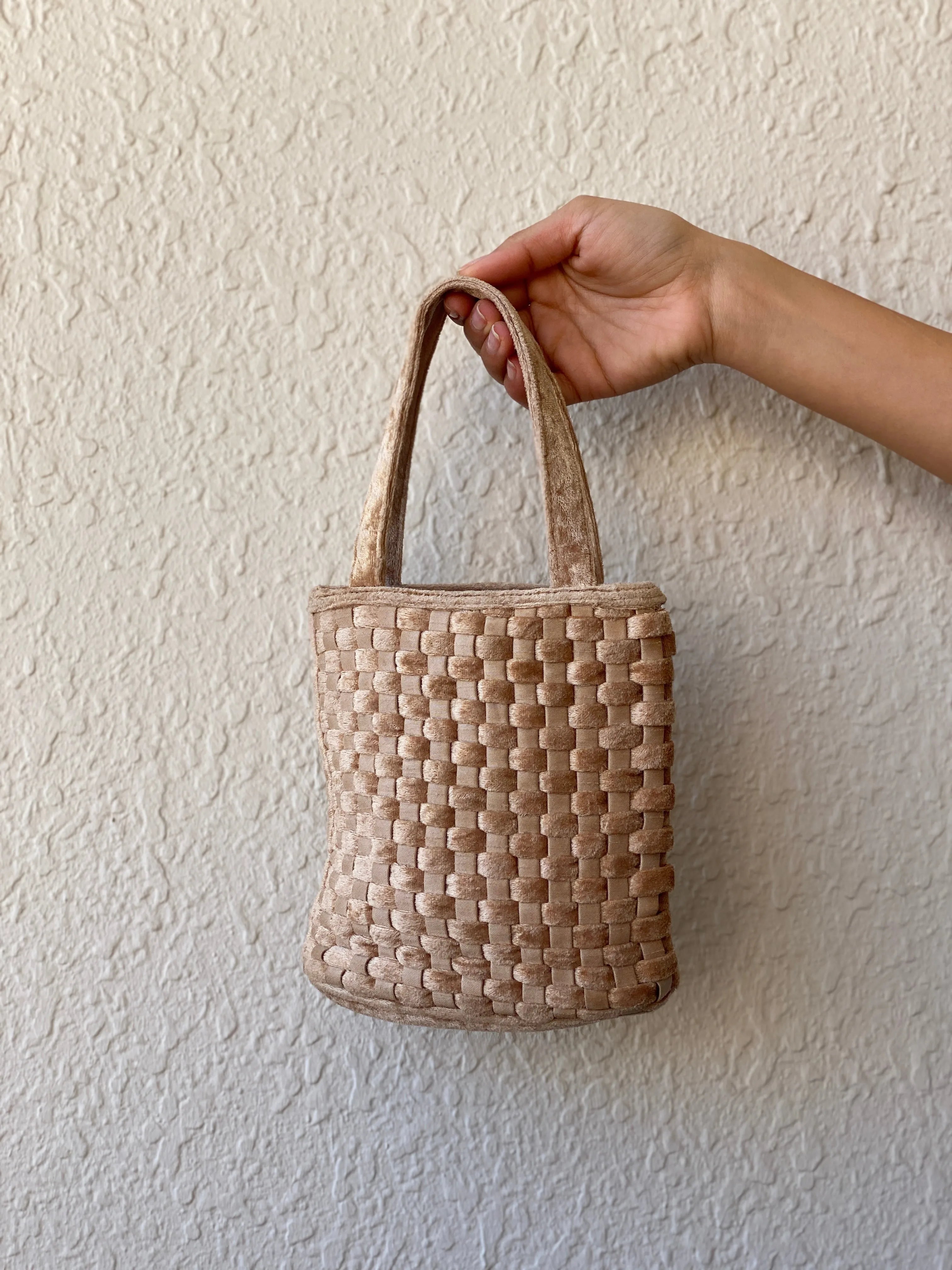 Woven Beige Mini Tote Bag - Balagan Vintage Handbags 90s, bag, brown leather, genuine leather, shoulder bag