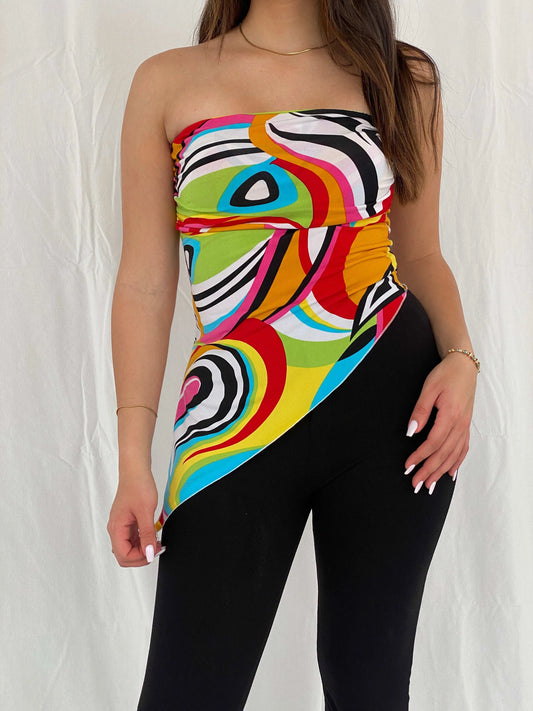 Y2K AMISU Groovy Asymmetric Tube Top - Size XS - Balagan Vintage Strapless Top 00s, groovy, groovy print, Rama