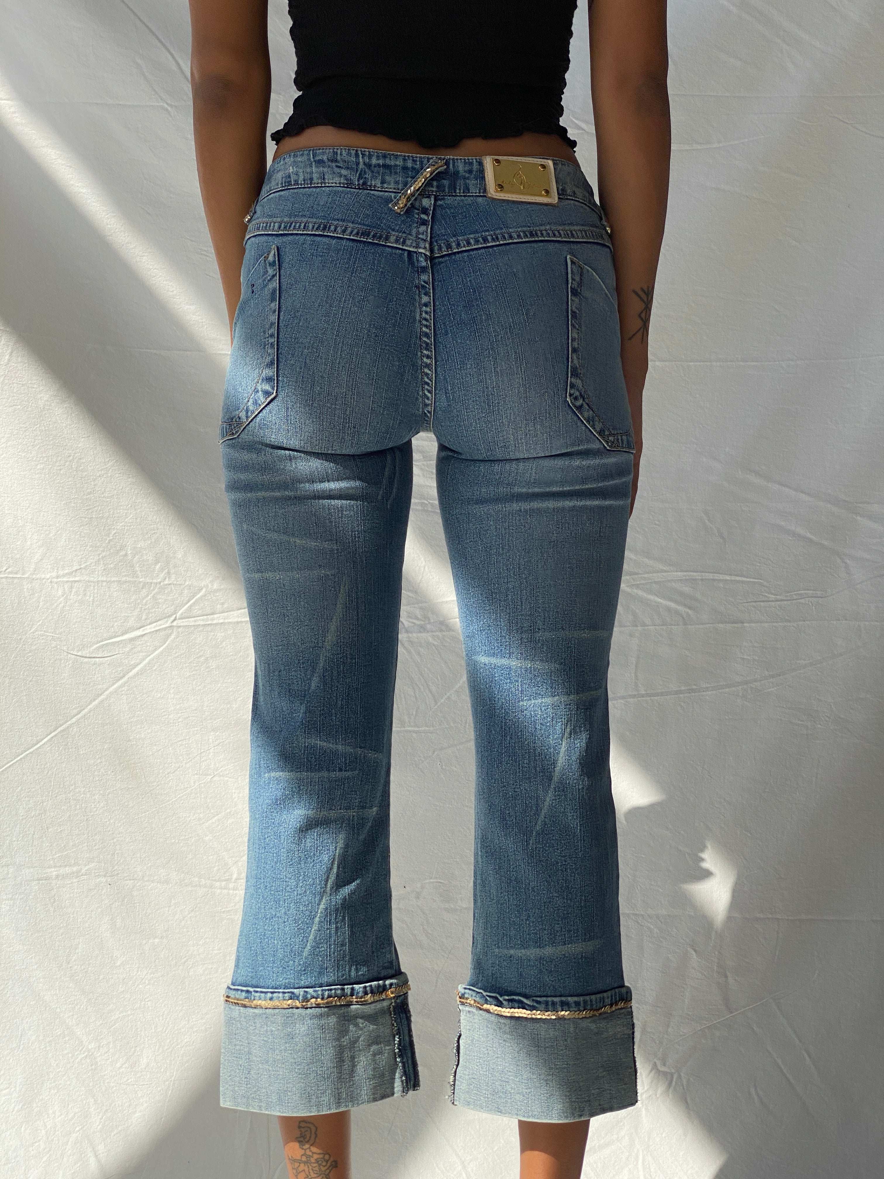 Y2K Baby Phat Cuffed Capri Jeans With Sequin Detailing - 34EUR - Balagan Vintage Jeans 00s, baby phat, denim, jeans, low rise, low rise jeans, straight cut jeans, Tojan