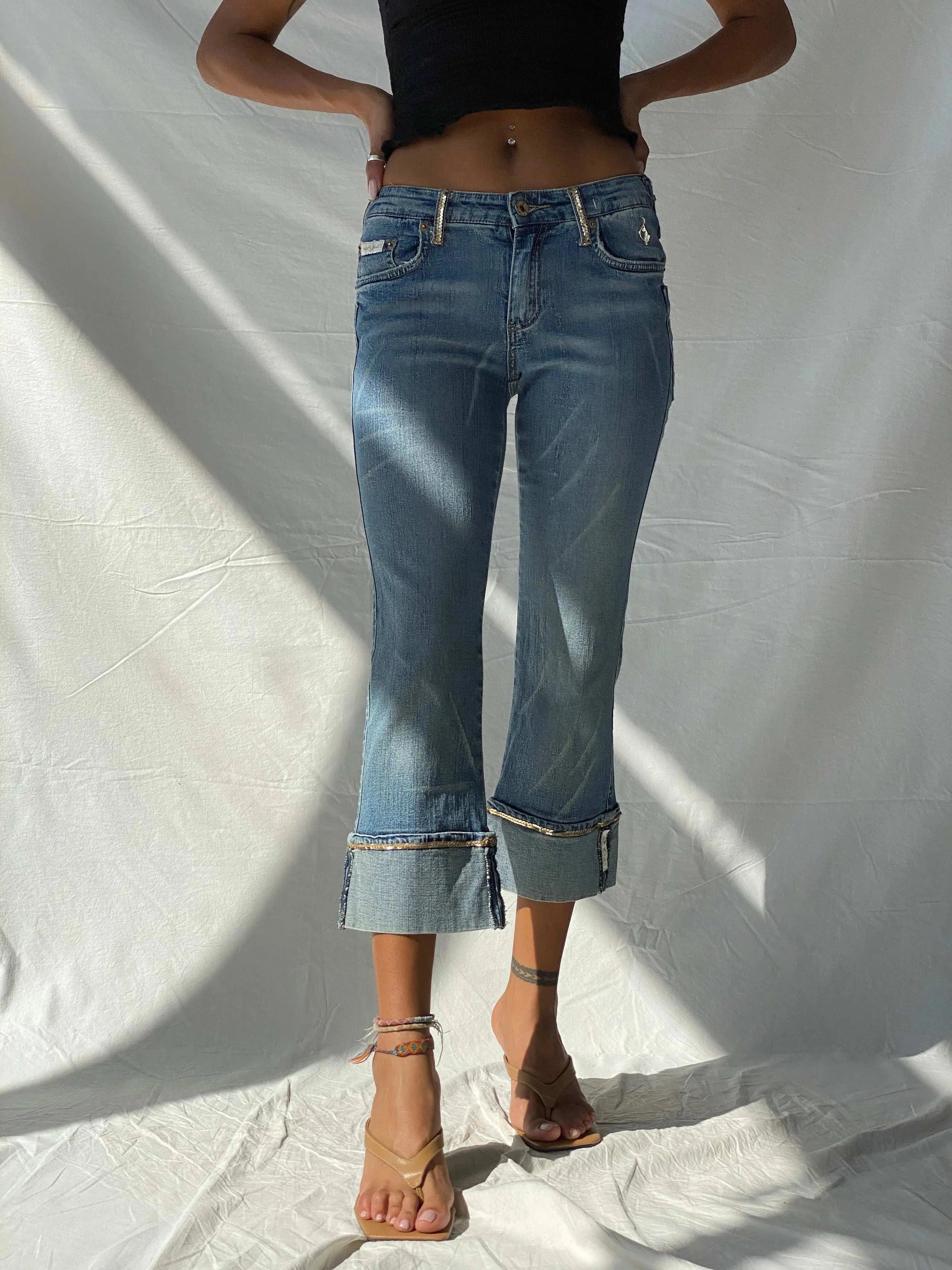 Y2K Baby Phat Cuffed Capri Jeans With Sequin Detailing - 34EUR - Balagan Vintage Jeans 00s, baby phat, denim, jeans, low rise, low rise jeans, straight cut jeans, Tojan