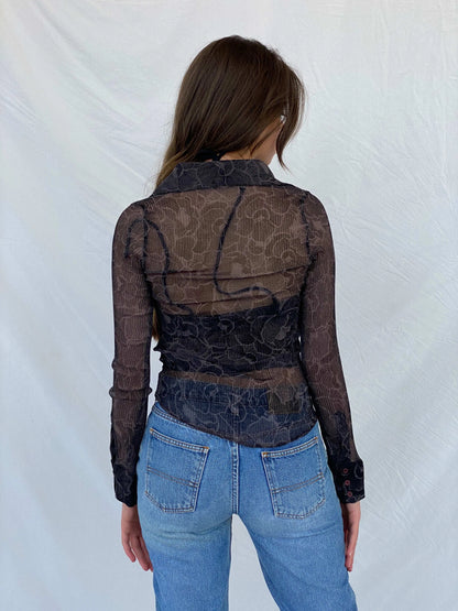 Y2K Batik Floral Sheer Brown Button-Up Shirt - S - Balagan Vintage Full sleeve Shirt 00s, 90s, full sleeve shirt, Mira