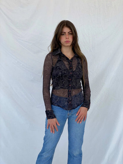 Y2K Batik Floral Sheer Brown Button-Up Shirt - S - Balagan Vintage Full sleeve Shirt 00s, 90s, full sleeve shirt, Mira