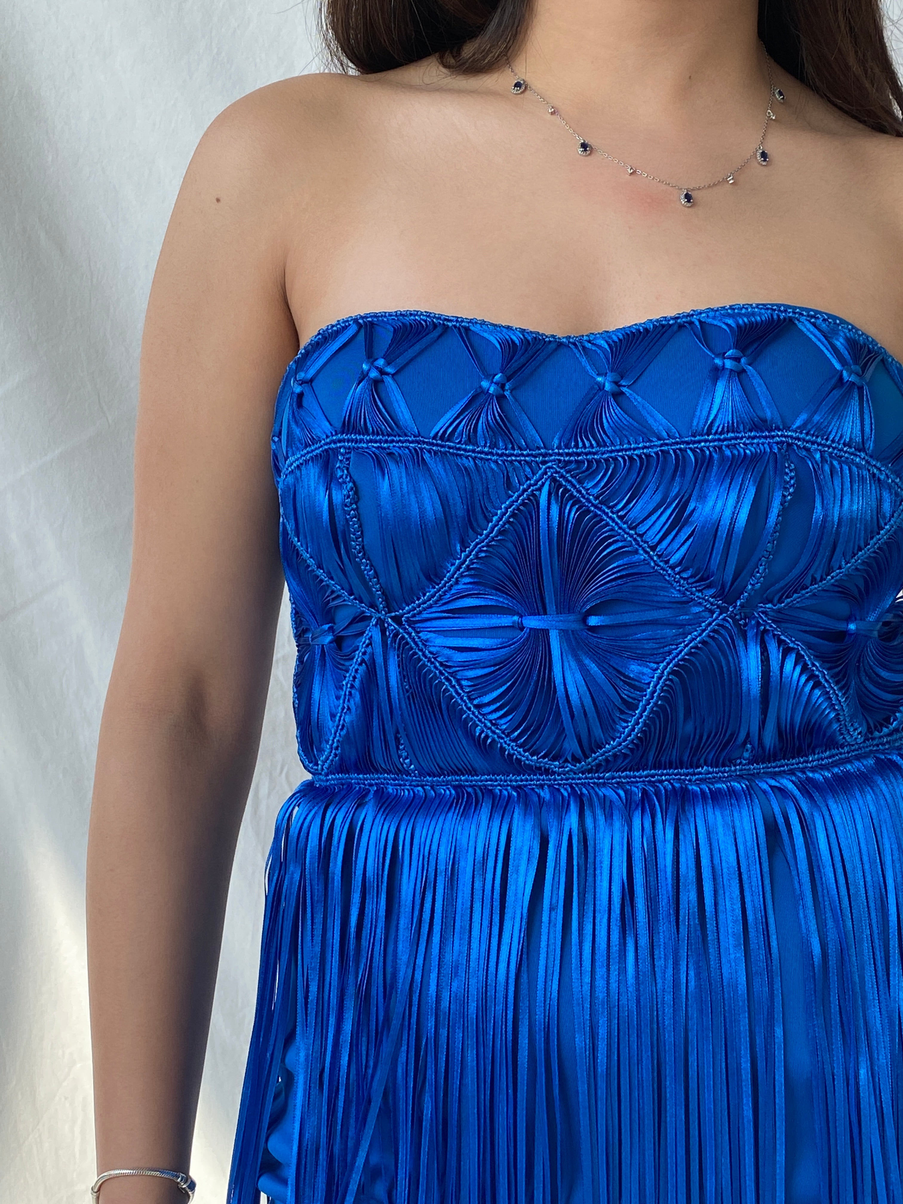 Y2K Bebe Royal Blue Fringe Strapless Mini Tube Dress - XS - Balagan Vintage Mini Dress 00s, 00s dress, consignment, Fatima, Janan, Mini Dress, Wedding Guest, winter