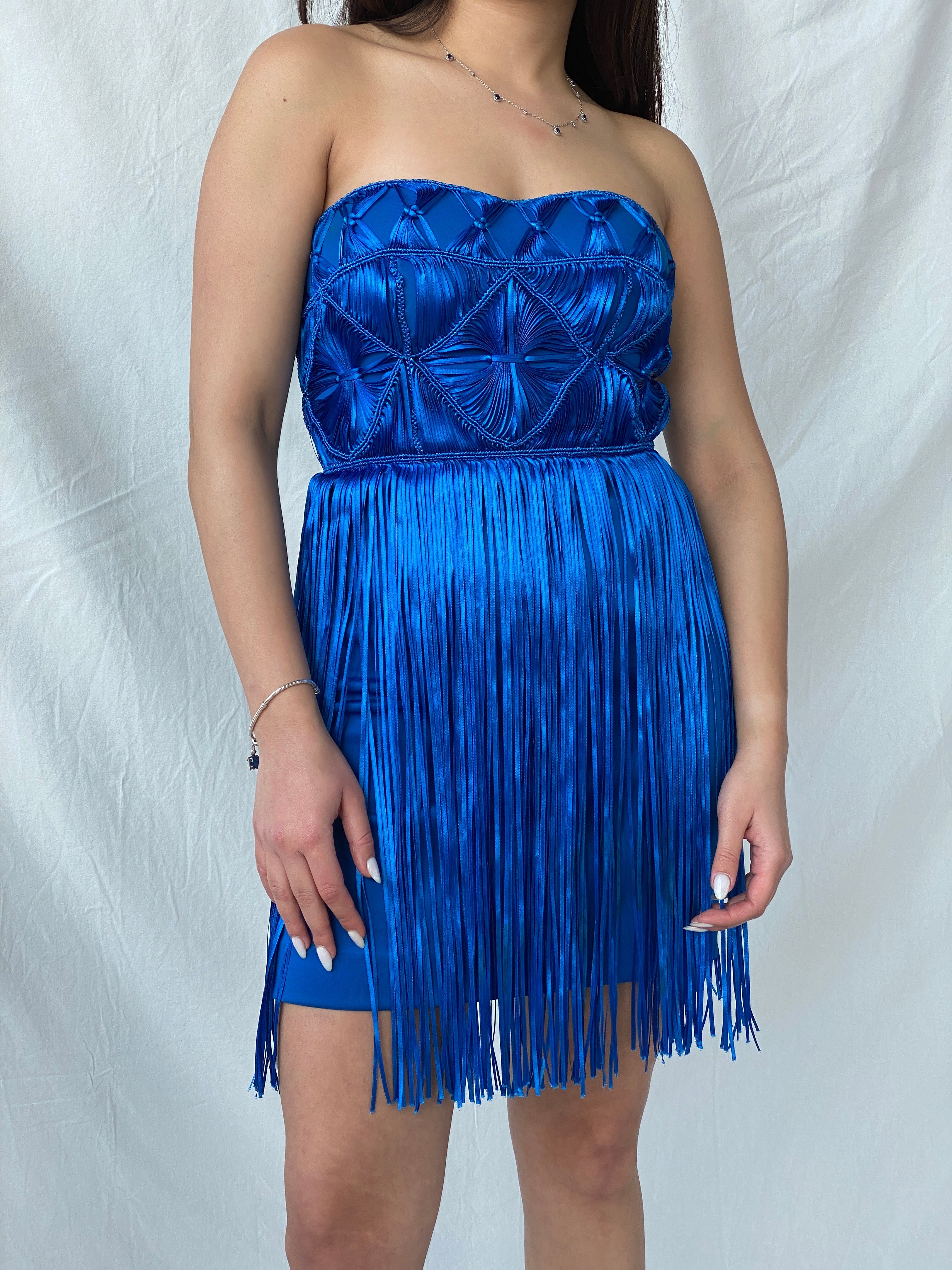 Y2K Bebe Royal Blue Fringe Strapless Mini Tube Dress - XS - Balagan Vintage Mini Dress 00s, 00s dress, consignment, Fatima, Janan, Mini Dress, Wedding Guest, winter