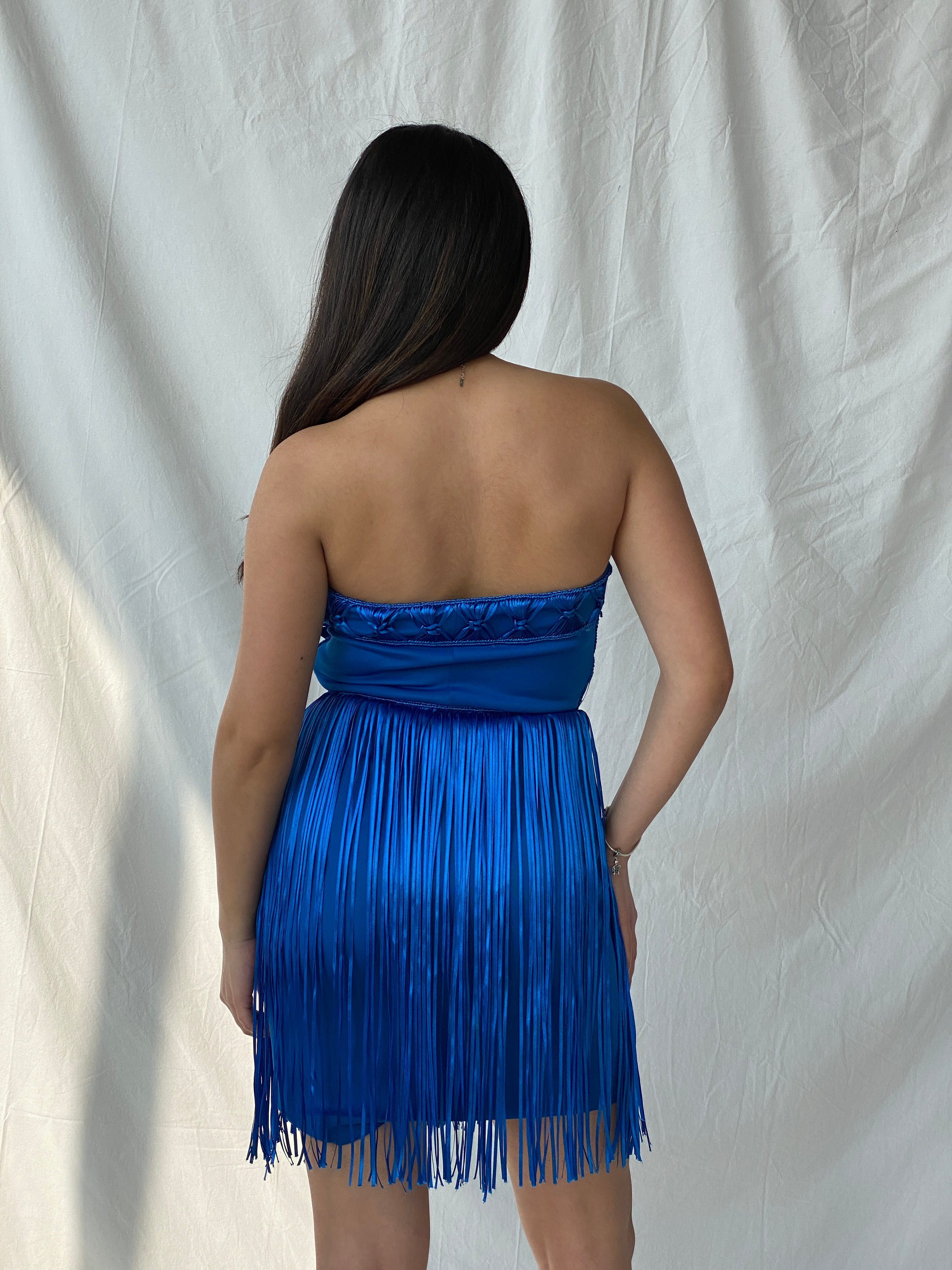 Y2K Bebe Royal Blue Fringe Strapless Mini Tube Dress - XS - Balagan Vintage Mini Dress 00s, 00s dress, consignment, Fatima, Janan, Mini Dress, Wedding Guest, winter