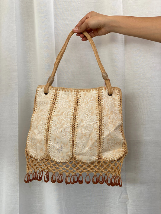 Y2K Beige Floral Embossed Canvas Beaded Crochet Handbag - Balagan Vintage Handbags 00s, bag, crochet, handbag, shoulder bag