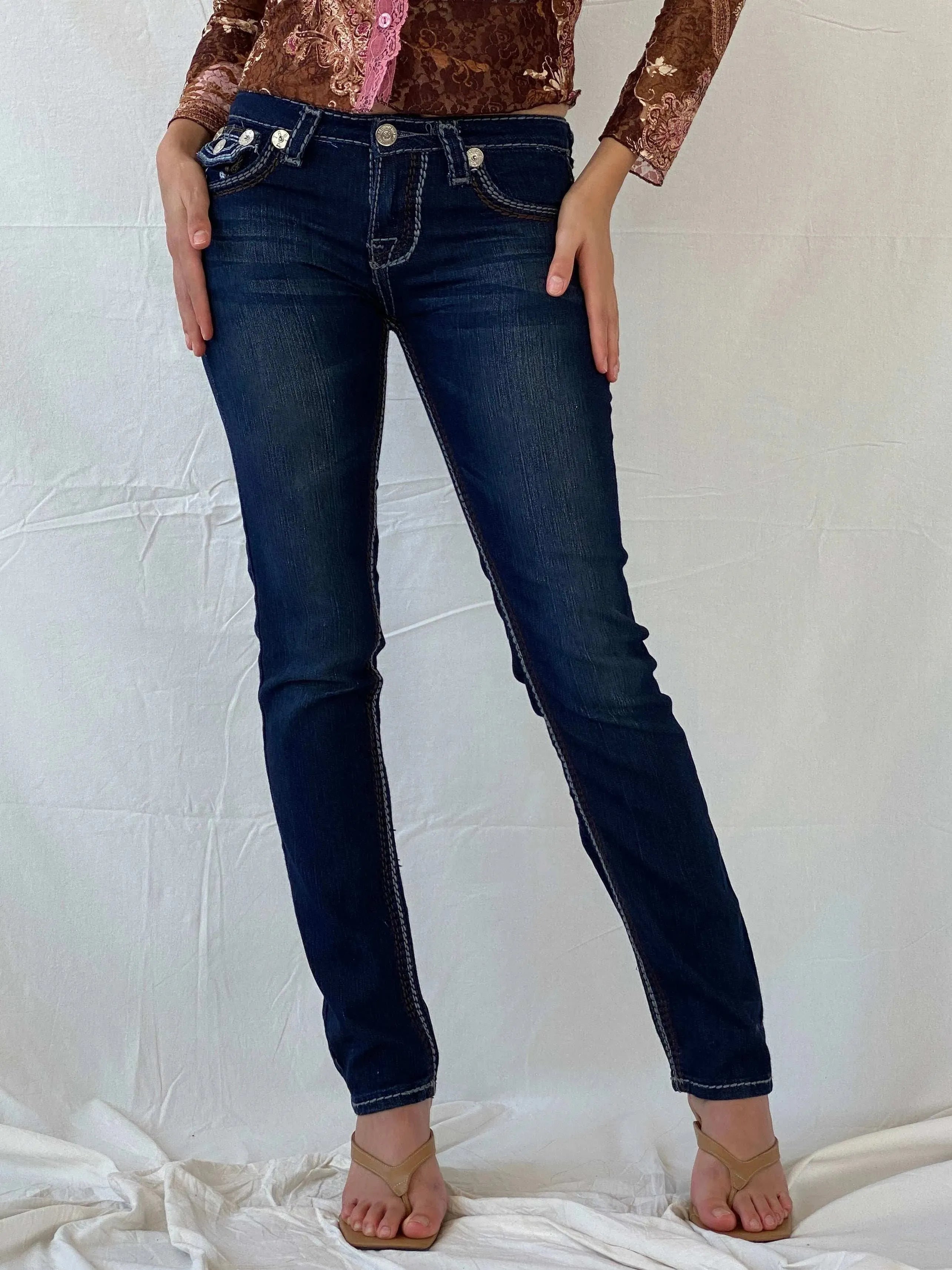 Y2K Big Stitch True Religion Dark Super Skinny Low Rise Jeans - Balagan Vintage Jeans 00s, 90s, denim, jeans, Mira, Skinny Jeans