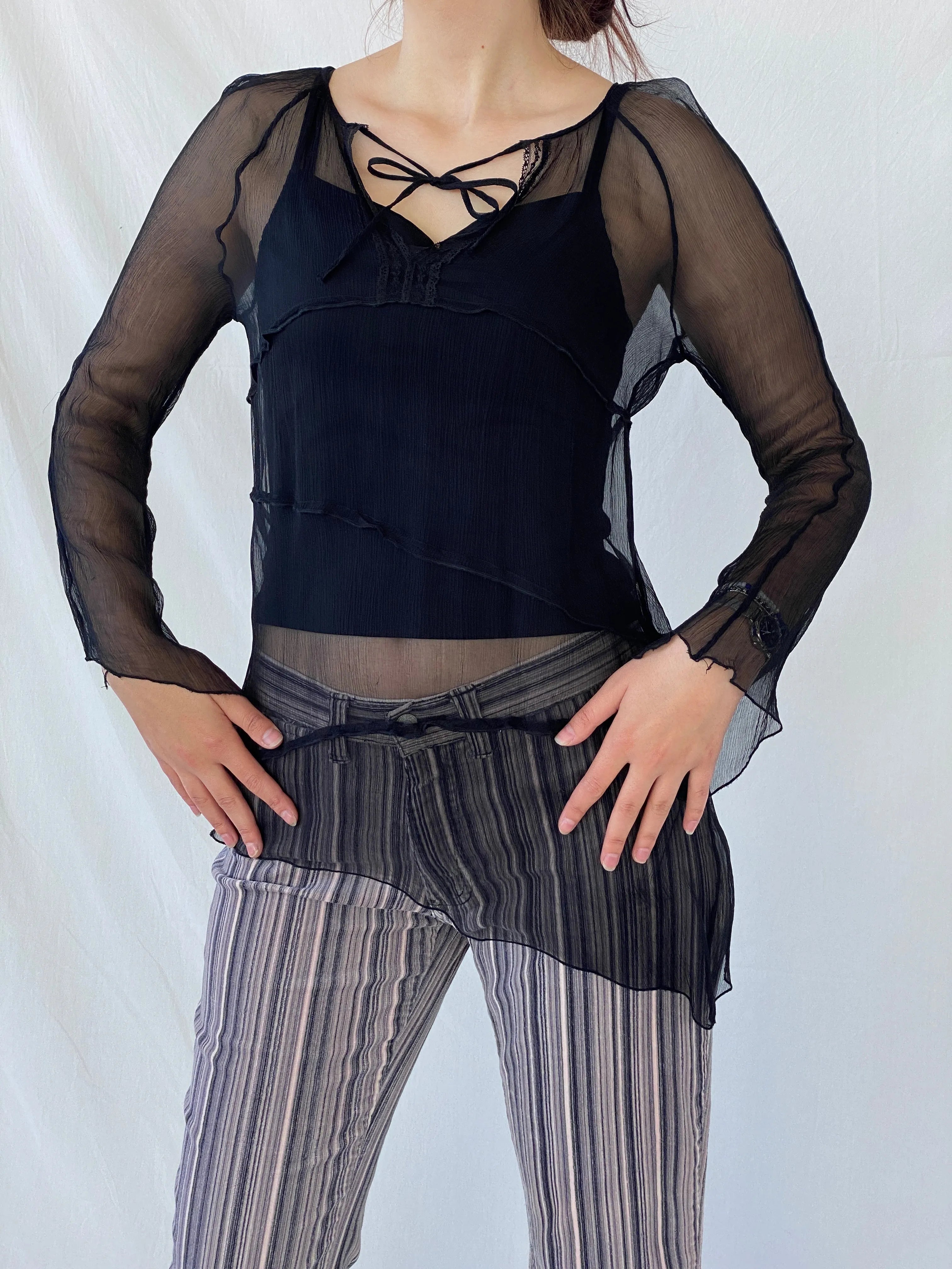 Y2K Black Chiffon Tie Front Full Sleeve Blouse - M - Balagan Vintage Full Sleeve Top 00s, 90s, Ayah, sheer, winter, women top