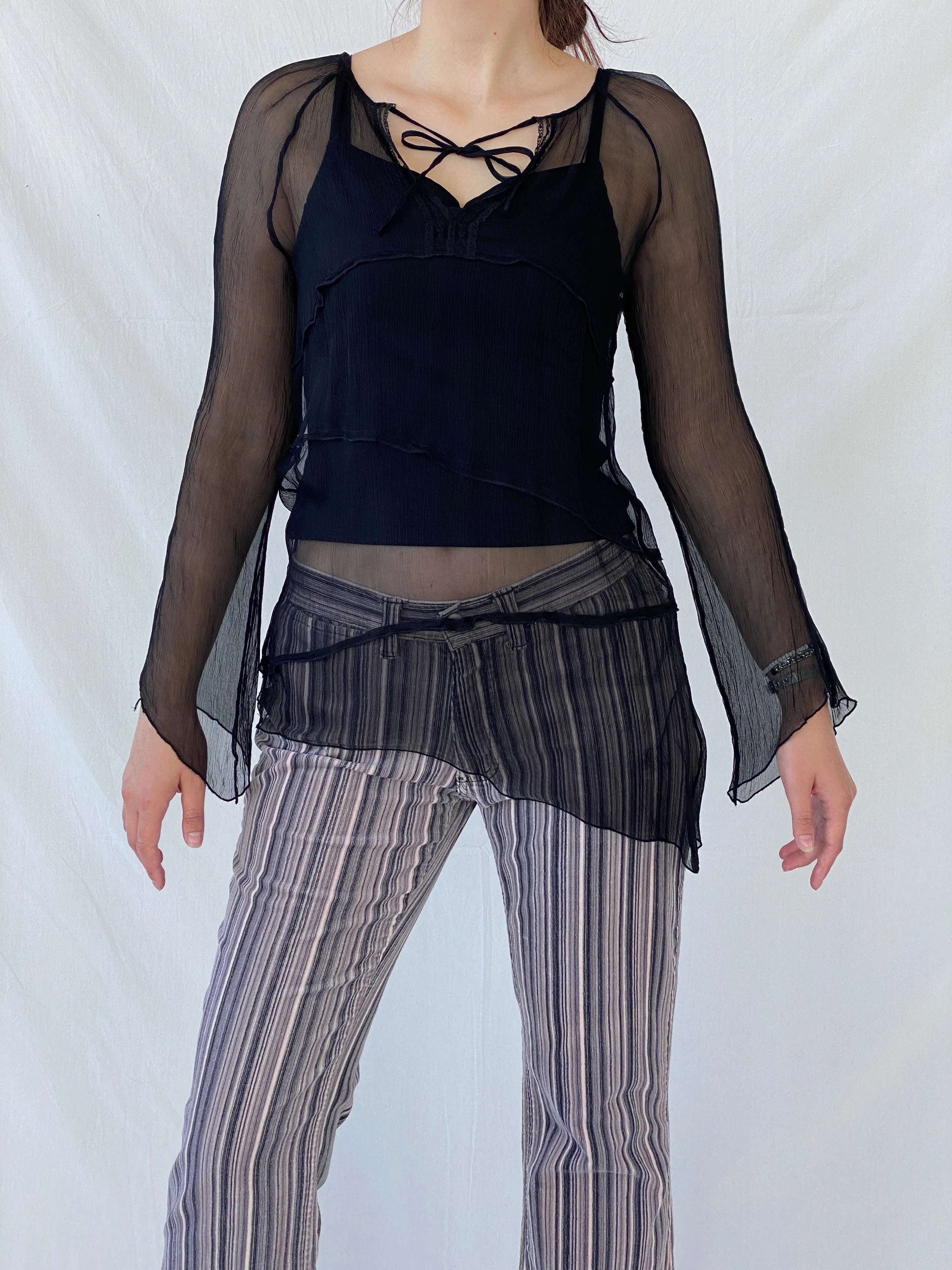 Y2K Black Chiffon Tie Front Full Sleeve Blouse - M - Balagan Vintage Full Sleeve Top 00s, 90s, Ayah, sheer, winter, women top