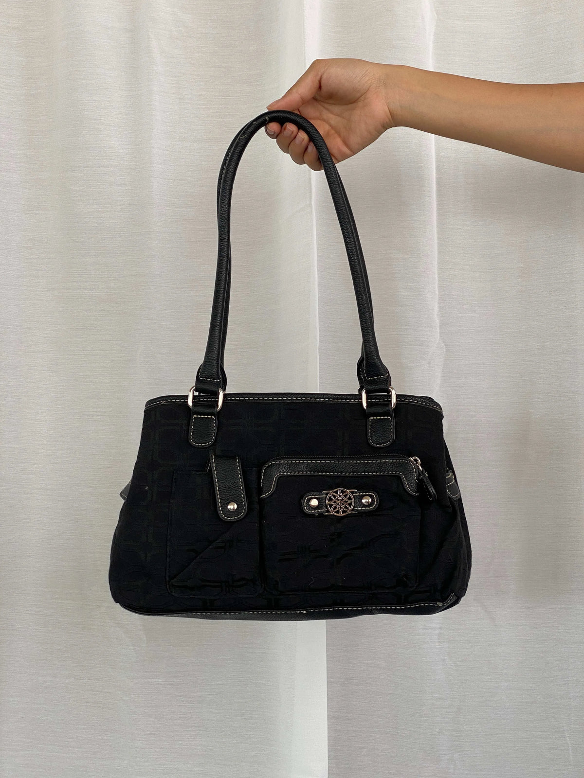 Y2K Black Fabric Double Handles Pocketed Floral Pattern Handbag 