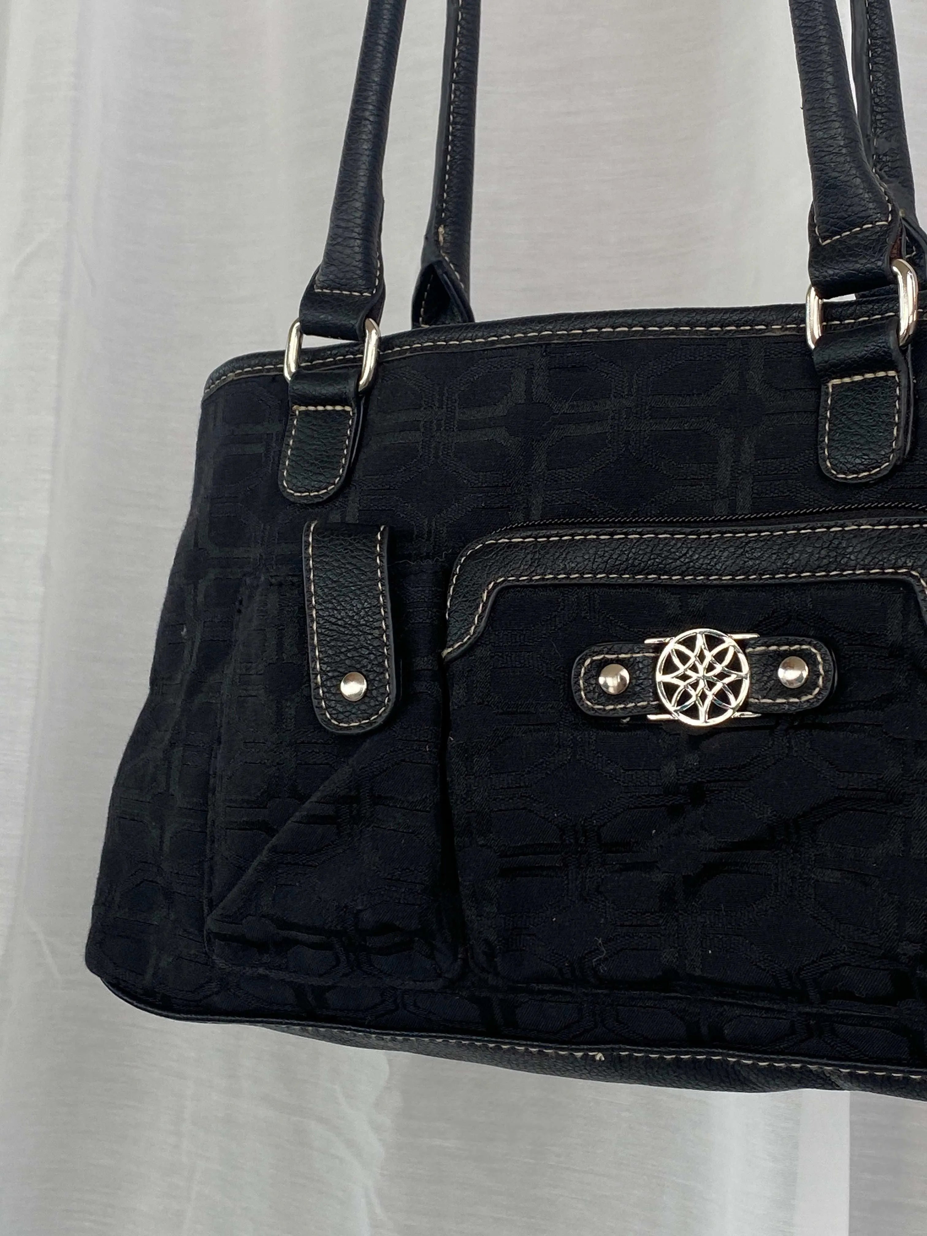Y2K Black Fabric Double Handles Pocketed Floral Pattern Handbag - Balagan Vintage Shoulder Bag 90s, bag, shoulder bag