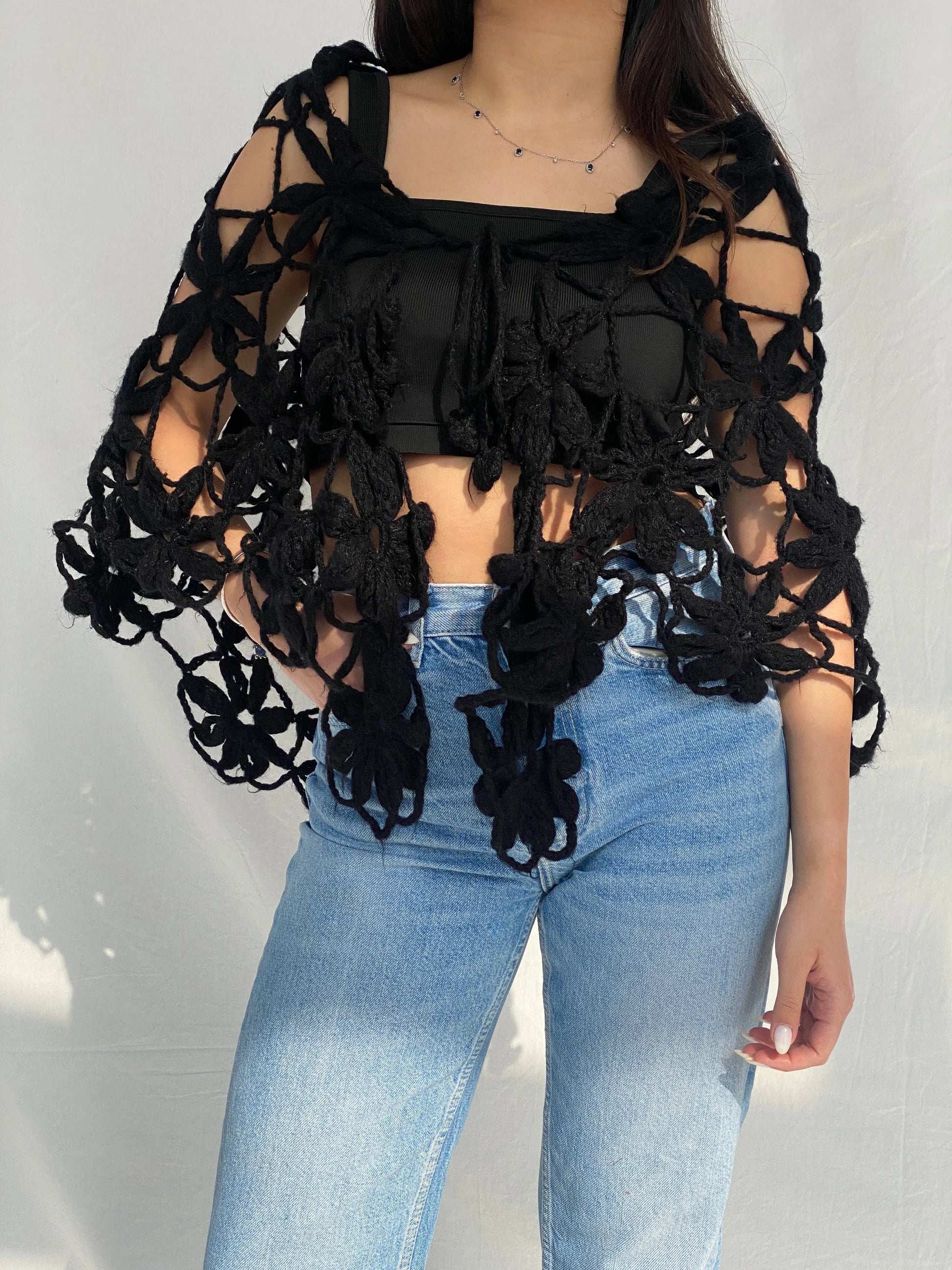 Y2K Black Women’s Crochet Scarf Cardigan - One Size - Balagan Vintage Half Sleeve Top 00s, Fatima, women top