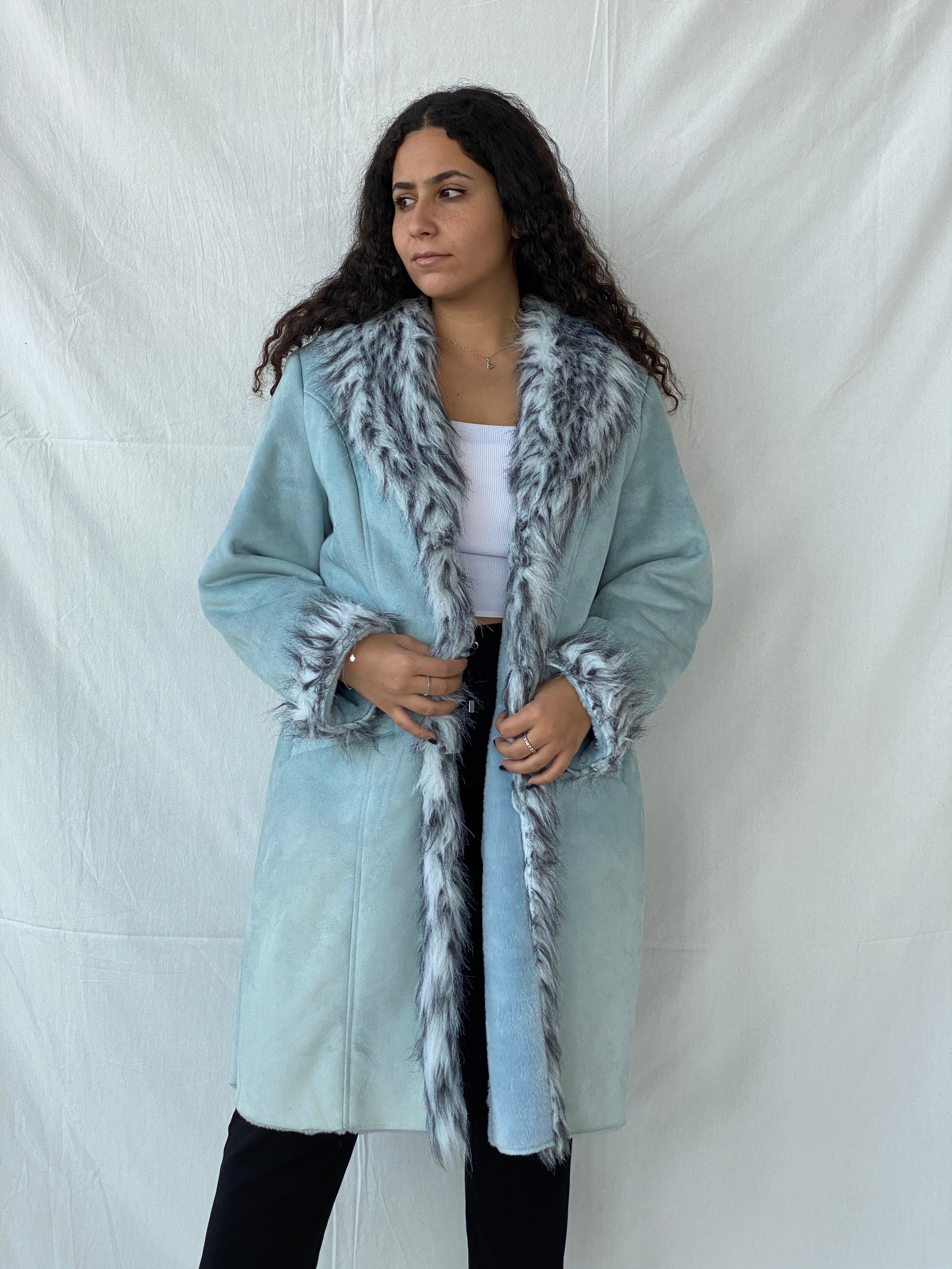 Y2K Blue Faux Fur Afghan Coat - 2XL - Balagan Vintage Coat 00s, Dina, floral, vintage coat