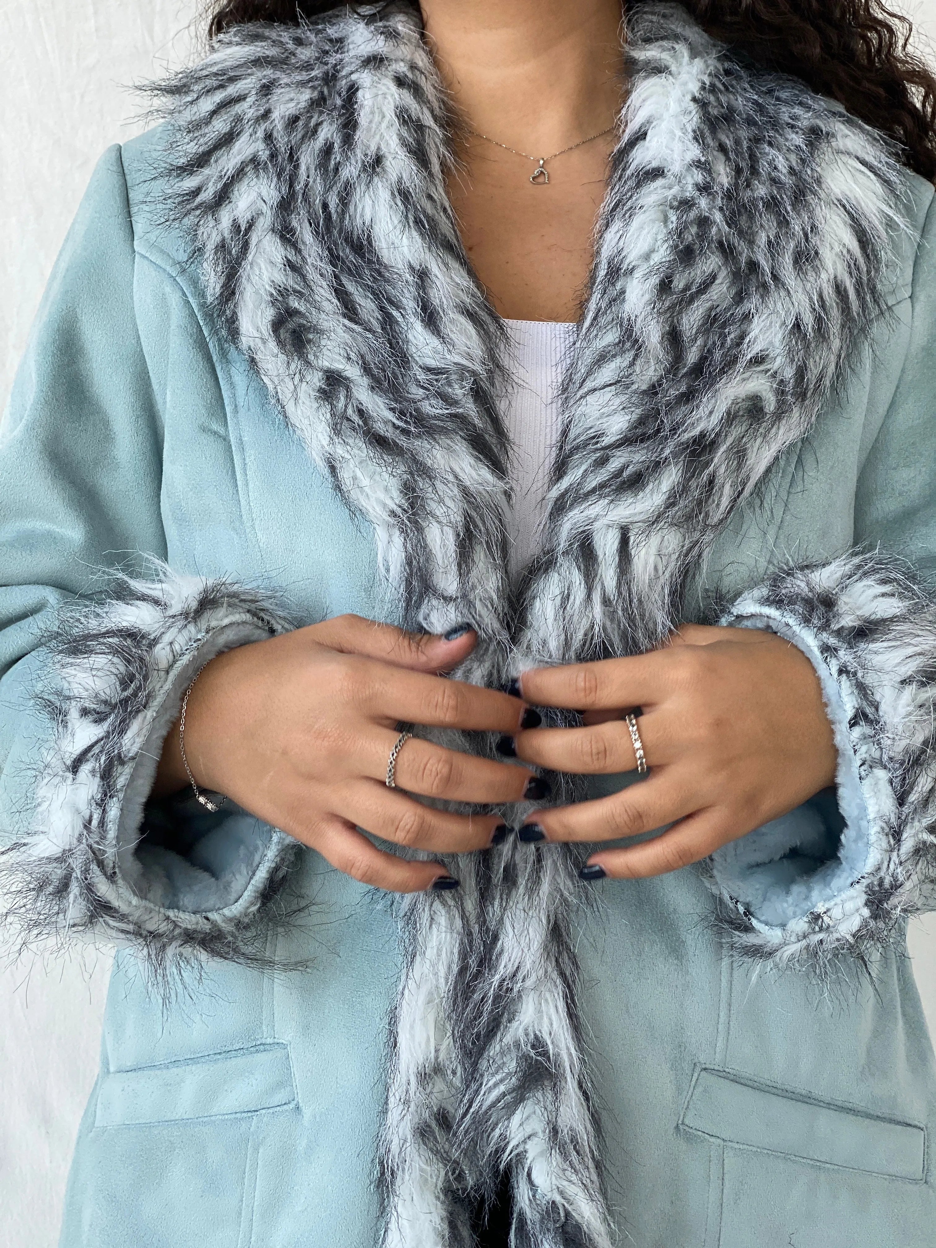 Y2K Blue Faux Fur Afghan Coat - 2XL - Balagan Vintage Coat 00s, Coats&Jackets, Dina, floral, vintage coat, Women's Coats