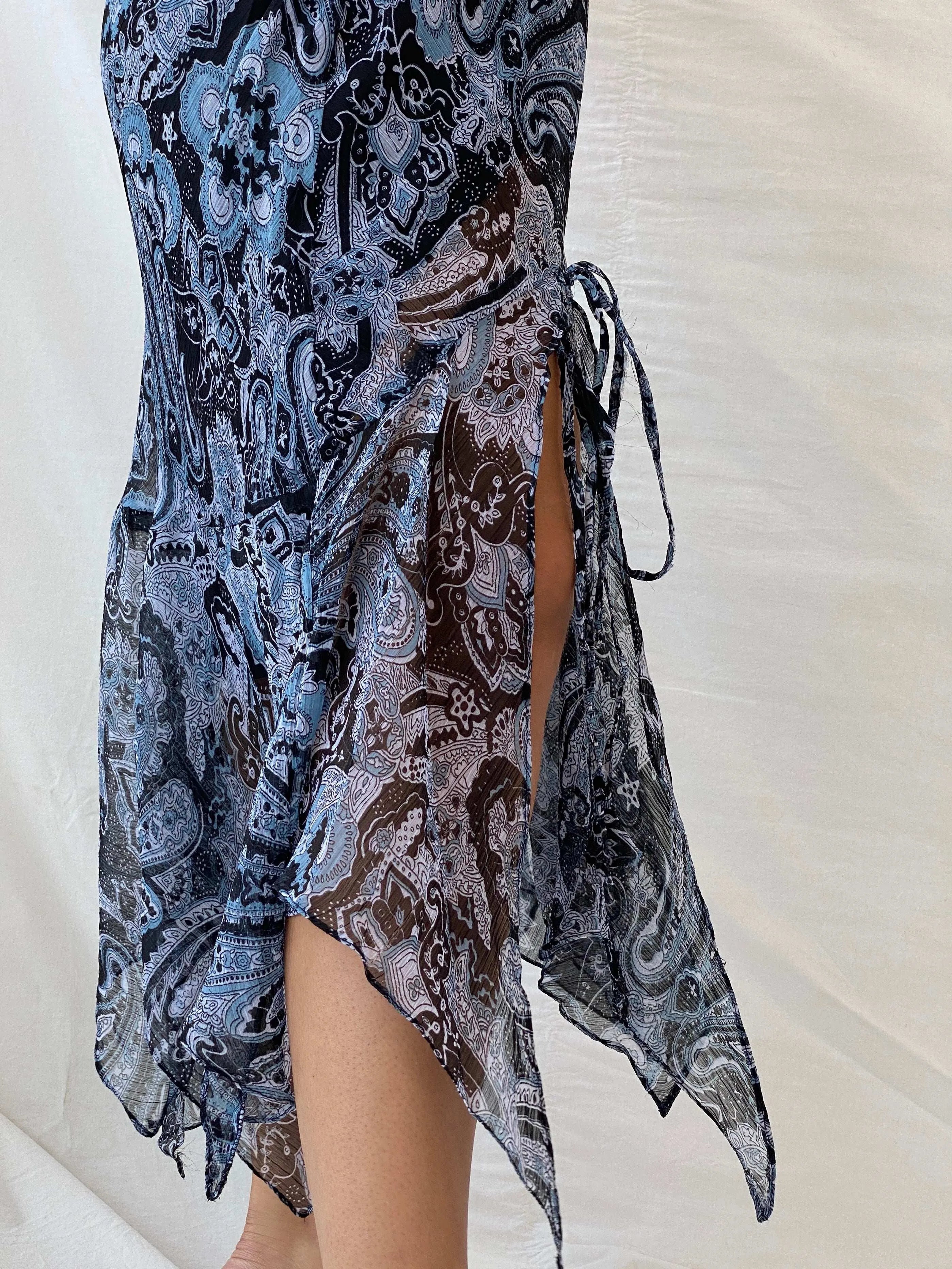 Y2K Blue Printed Sheer Asymmetrical Hem Midi Skirt - L - Balagan Vintage Midi Skirt 90s, Dina, midi skirt, summer
