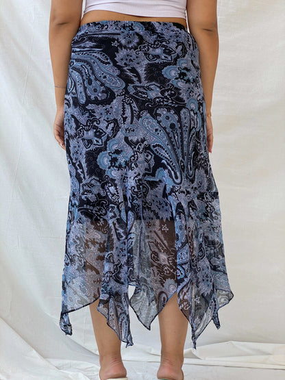 Y2K Blue Printed Sheer Asymmetrical Hem Midi Skirt - L - Balagan Vintage Midi Skirt 90s, Deals, Dina, midi skirt, summer