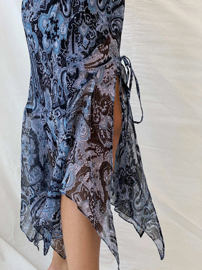 Y2K Blue Printed Sheer Asymmetrical Hem Midi Skirt - L - Balagan Vintage Midi Skirt 90s, Deals, Dina, midi skirt, summer