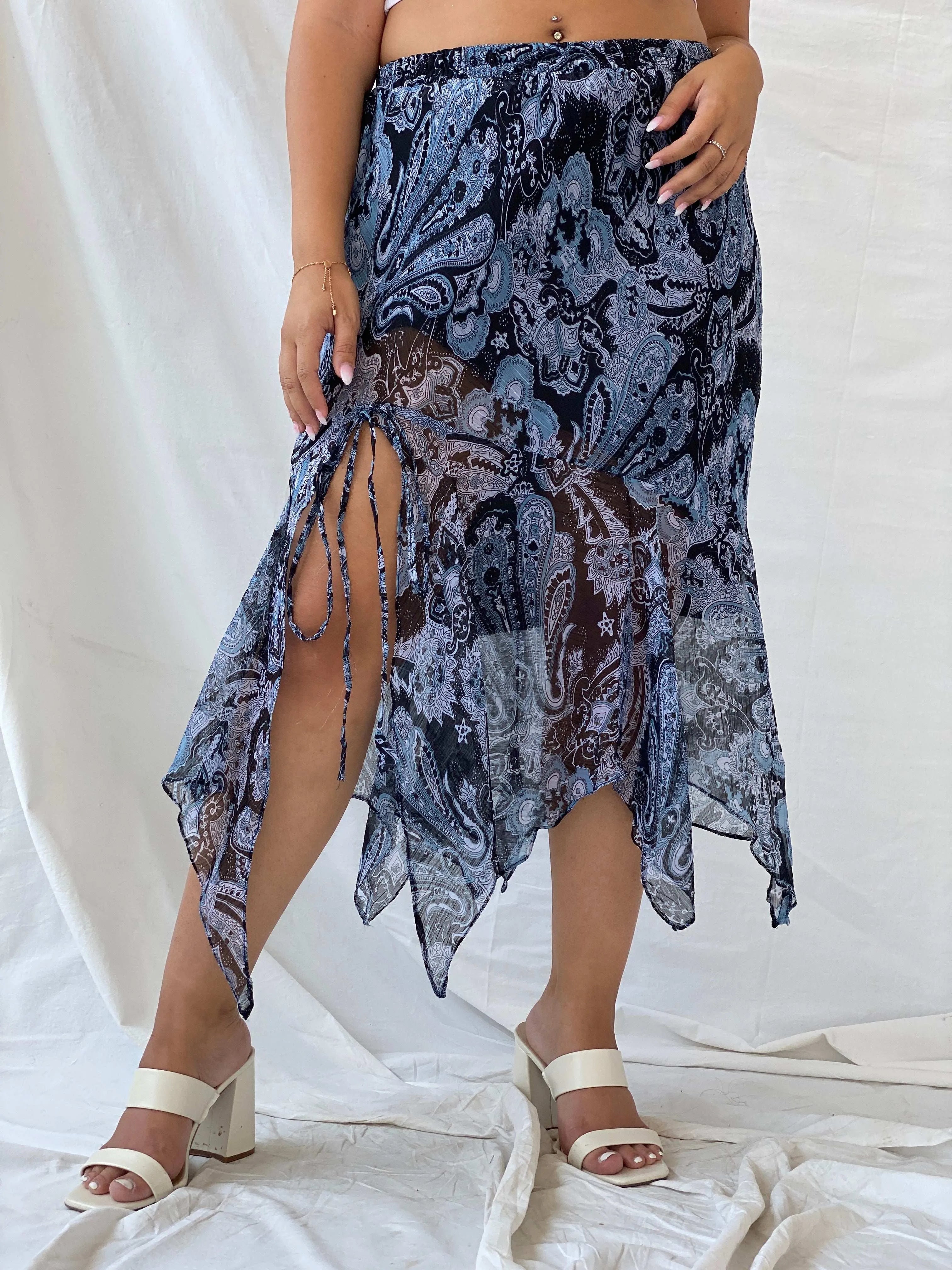 Y2K Blue Printed Sheer Asymmetrical Hem Midi Skirt - L - Balagan Vintage Midi Skirt 90s, Dina, midi skirt, summer