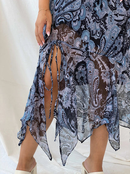 Y2K Blue Printed Sheer Asymmetrical Hem Midi Skirt - L - Balagan Vintage Midi Skirt 90s, Deals, Dina, midi skirt, summer