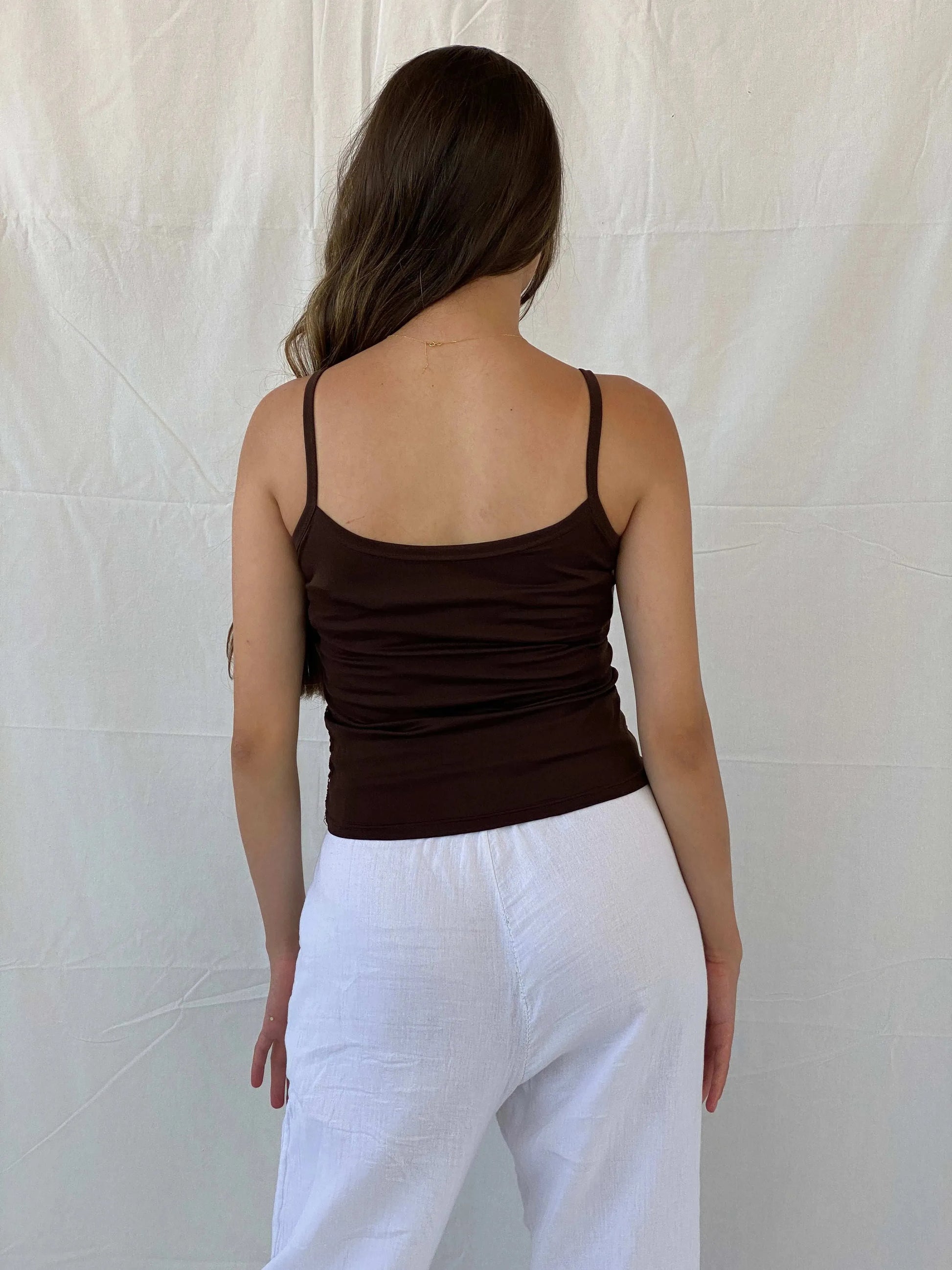 Y2K Brown Cami Top With Shimmery Knitted Crochet Detailing - M - Balagan Vintage Cami 00s, Cami, Mira, women top