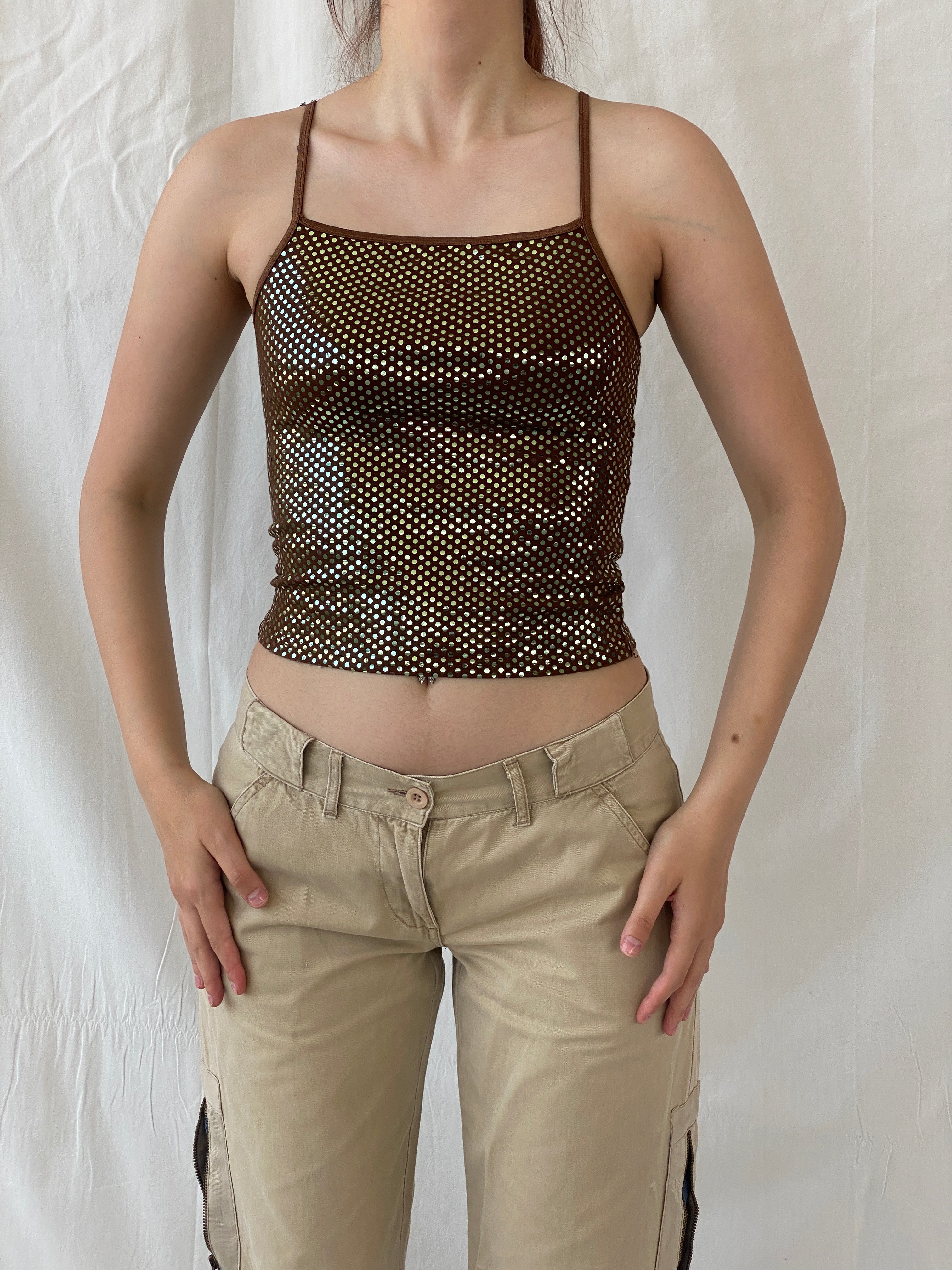 Y2K Brown Copper Glittery Cropped Cami Top - S - Balagan Vintage Sleeveless Top 00s, Ayah, Cami, shimmer, summer, women top