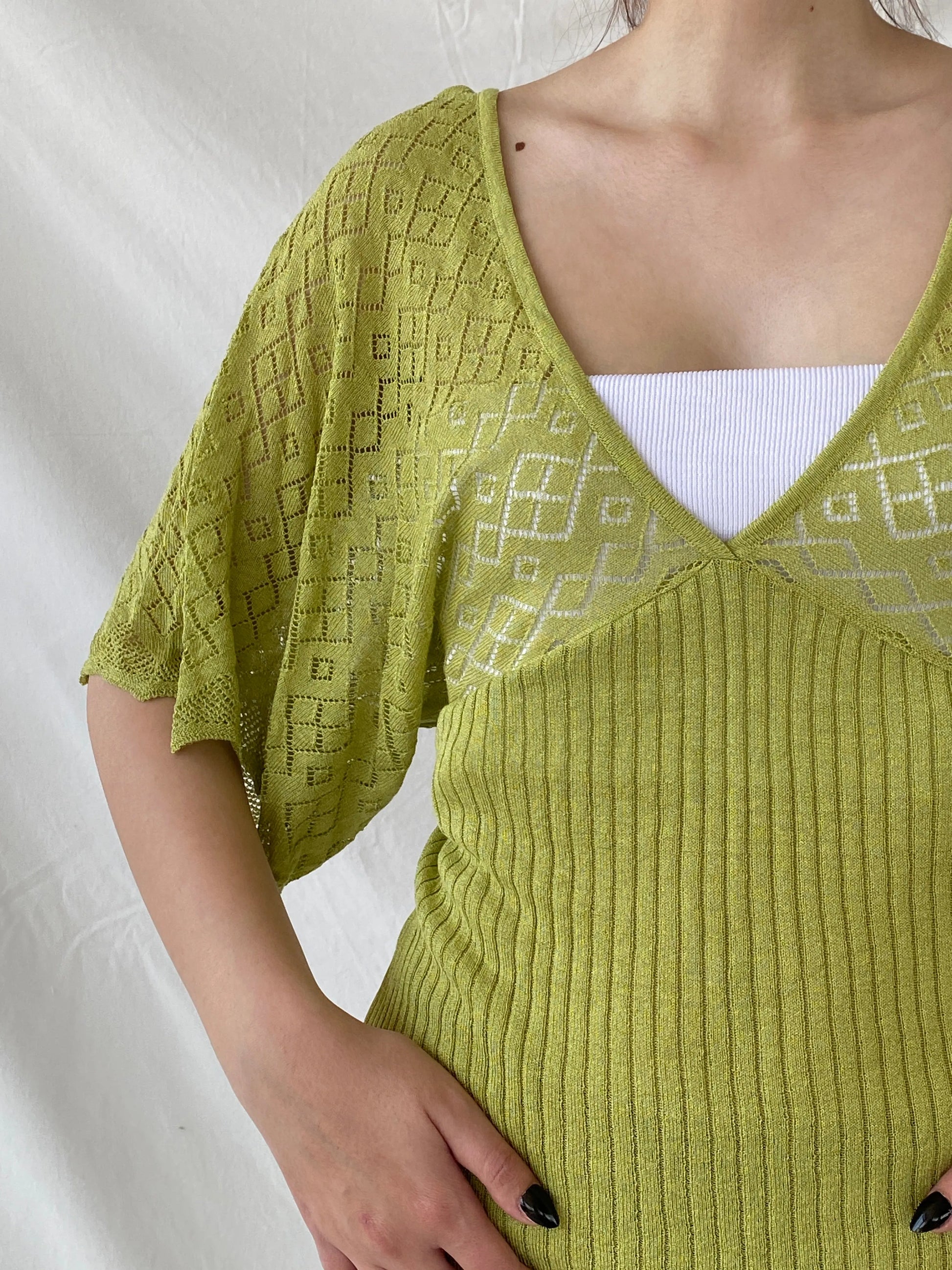 Y2K C.C.S Sarar Knitted See Through Green V-Neck Blouse - L - Balagan Vintage Half Sleeve Top 00s, Ayah, knitted, knitted sweater, sleeveless top