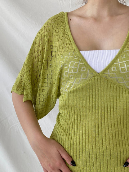 Y2K C.C.S Sarar Knitted See Through Green V-Neck Blouse - L - Balagan Vintage Half Sleeve Top 00s, Ayah, knitted, knitted sweater, sleeveless top