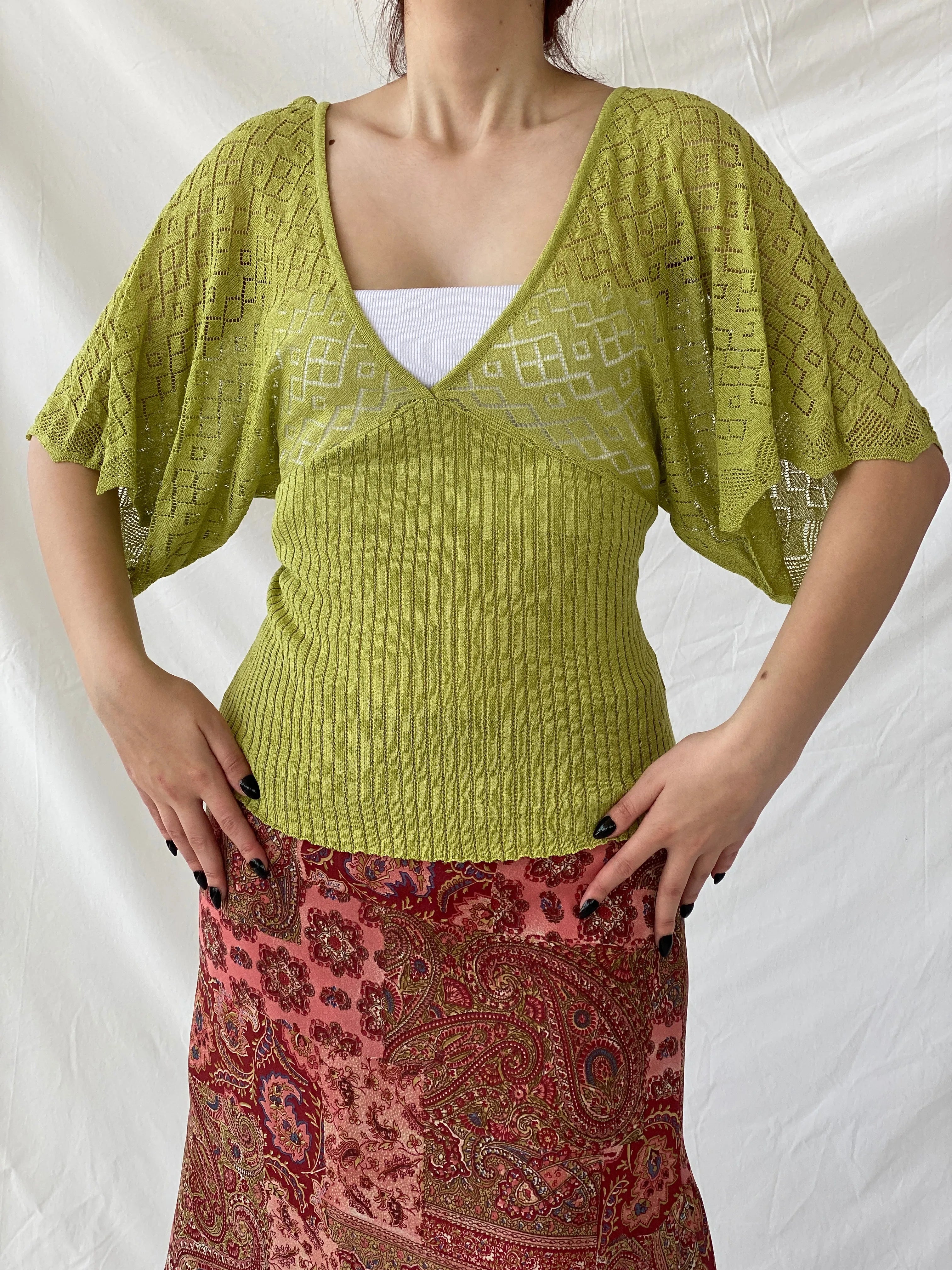 Y2K C.C.S Sarar Knitted See Through Green V-Neck Blouse - L - Balagan Vintage Half Sleeve Top 00s, Ayah, knitted, knitted sweater, NEW IN, sleeveless top