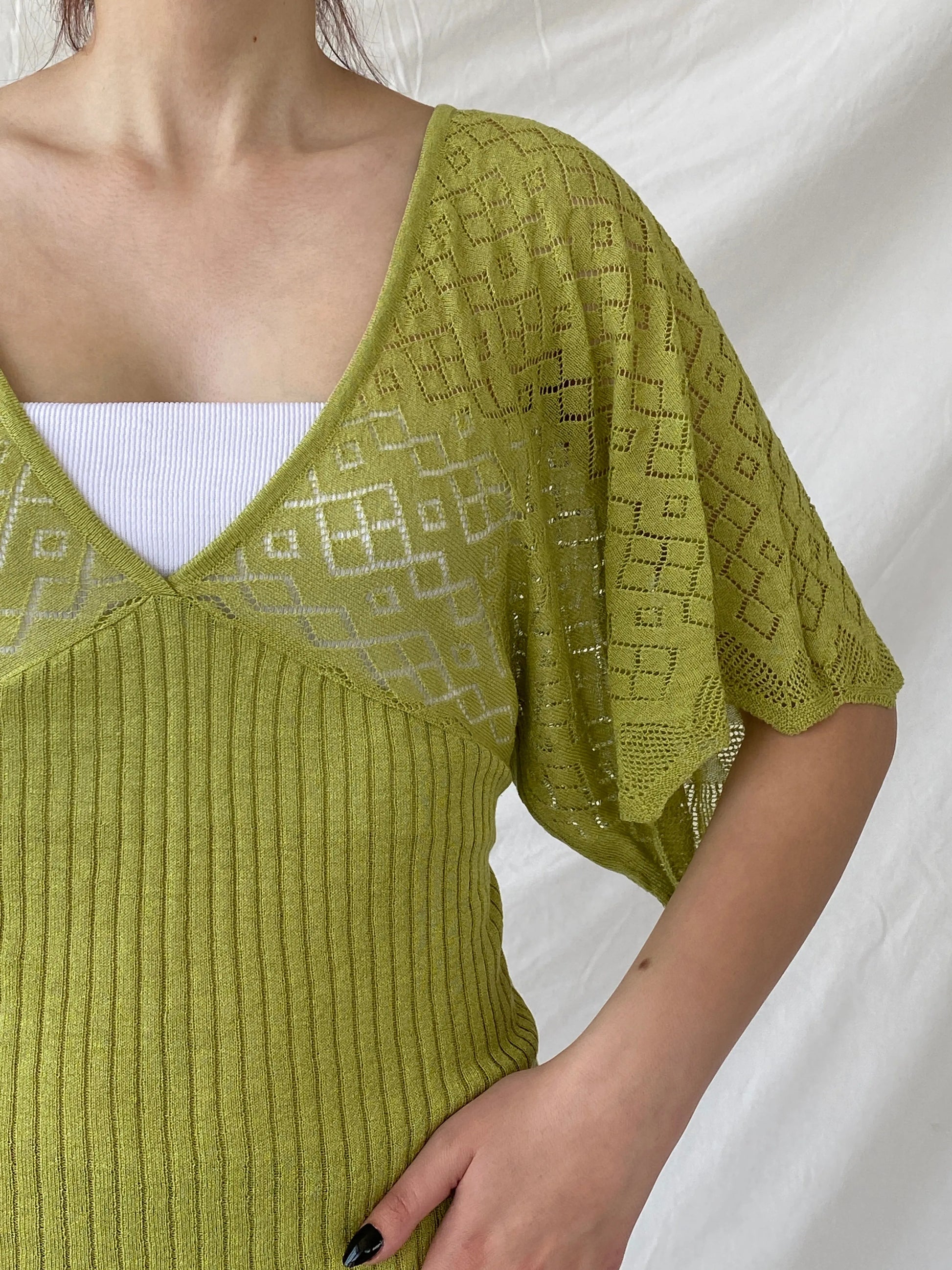 Y2K C.C.S Sarar Knitted See Through Green V-Neck Blouse - L - Balagan Vintage Half Sleeve Top 00s, Ayah, knitted, knitted sweater, sleeveless top