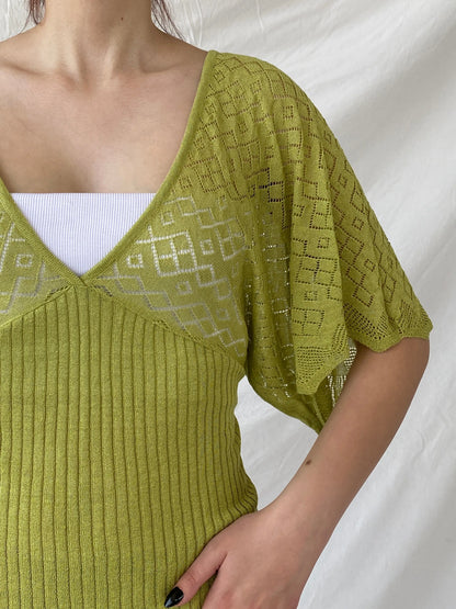 Y2K C.C.S Sarar Knitted See Through Green V-Neck Blouse - L - Balagan Vintage Half Sleeve Top 00s, Ayah, knitted, knitted sweater, sleeveless top