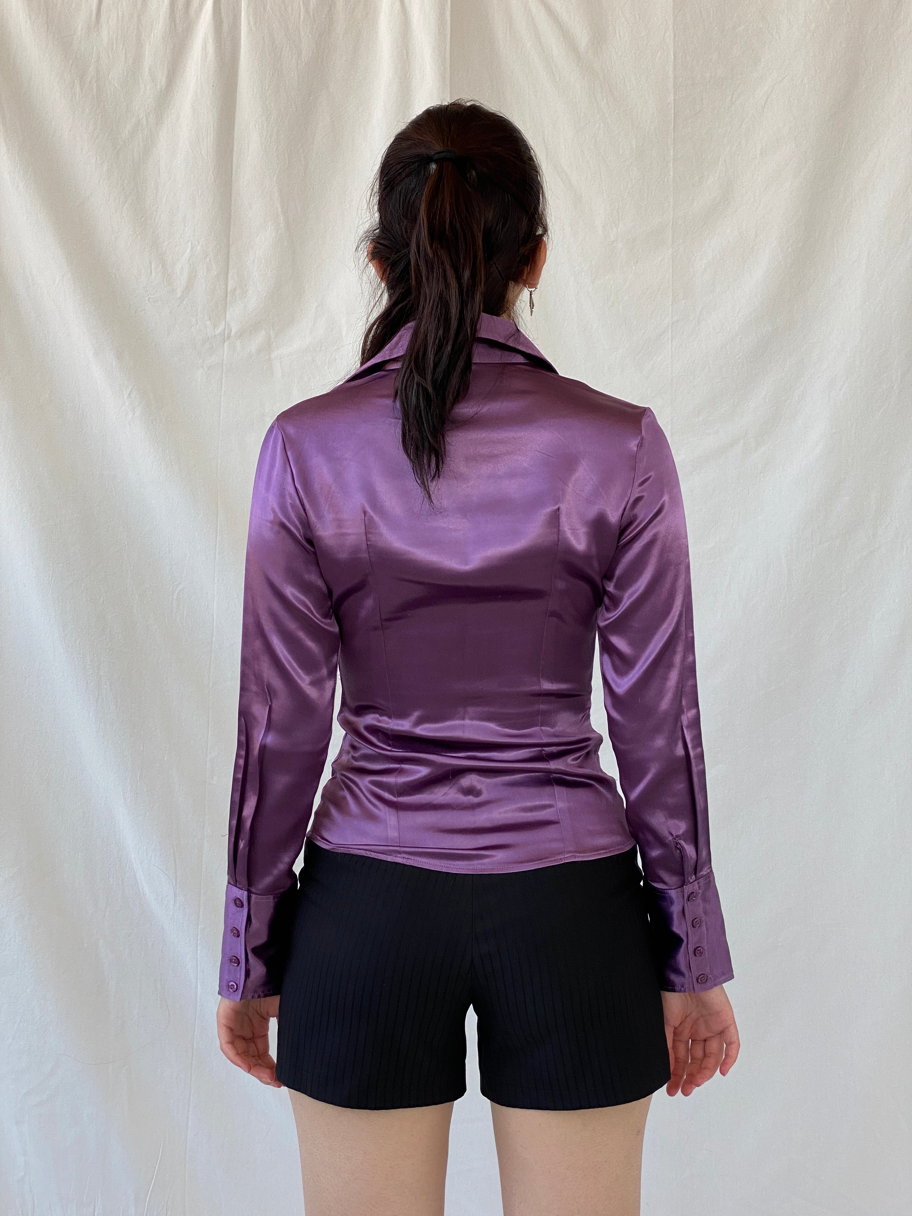 Y2K Camaîeu Purple Satin Long Sleeve Women’s Shirt - S - Balagan Vintage Full Sleeve Shirt 00s, Ayah, consignment, full sleeve shirt, NEW IN, Rand, summer