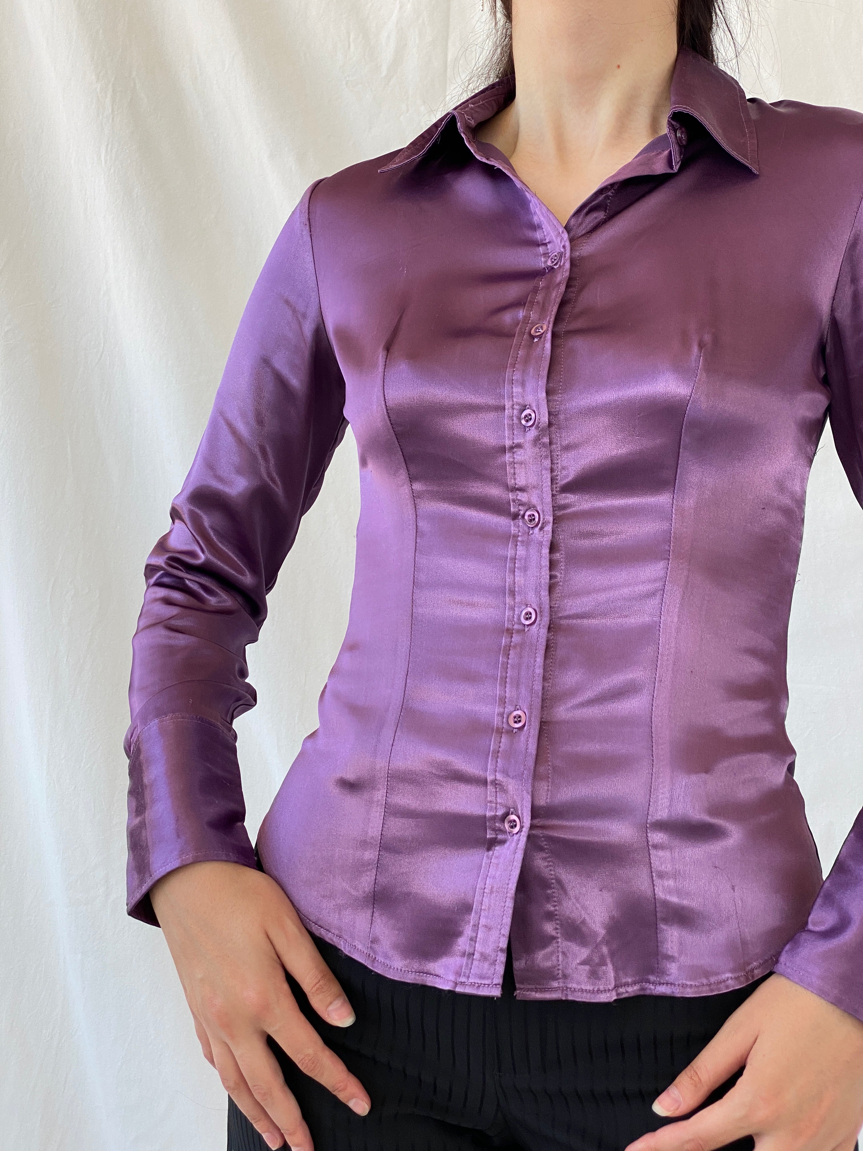 Y2K Camaîeu Purple Satin Long Sleeve Women’s Shirt - S - Balagan Vintage Full Sleeve Shirt 00s, Ayah, consignment, full sleeve shirt, NEW IN, Rand, summer