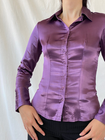 Y2K Camaîeu Purple Satin Long Sleeve Women’s Shirt - S - Balagan Vintage Full Sleeve Shirt 00s, Ayah, consignment, full sleeve shirt, NEW IN, Rand, summer