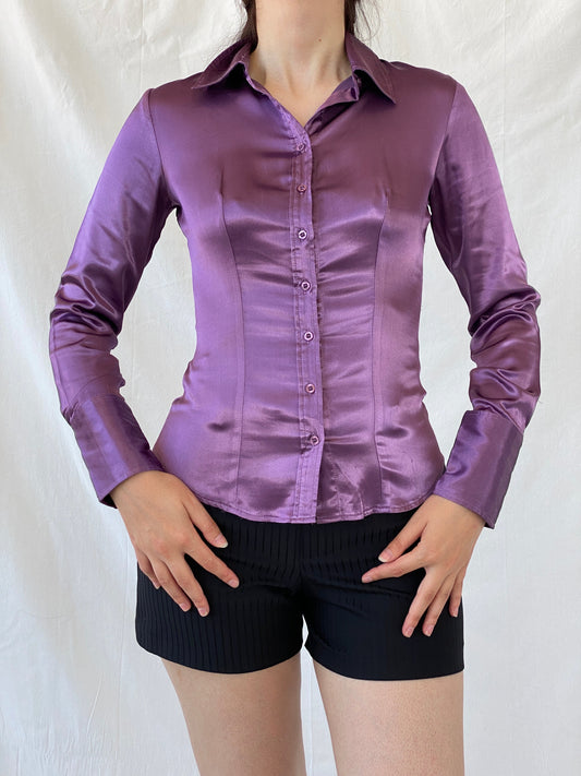 Y2K Camaîeu Purple Satin Long Sleeve Women’s Shirt - S - Balagan Vintage Full Sleeve Shirt 00s, Ayah, consignment, full sleeve shirt, NEW IN, Rand, summer