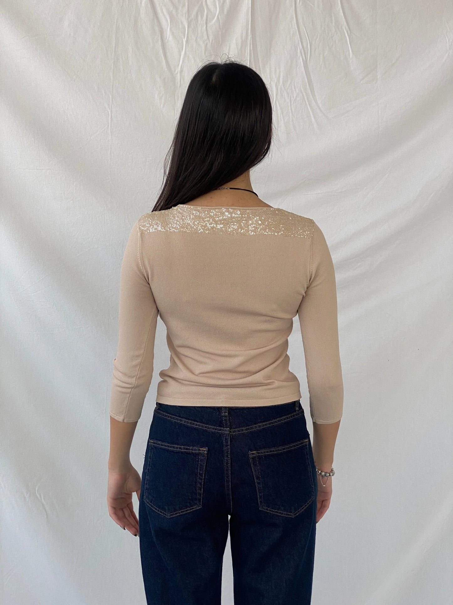 Y2K Caractêre Beige Beaded Round Neck Women’s Top - S - Balagan Vintage Full Sleeve Top 00s, full sleeve top, Syntia, women top