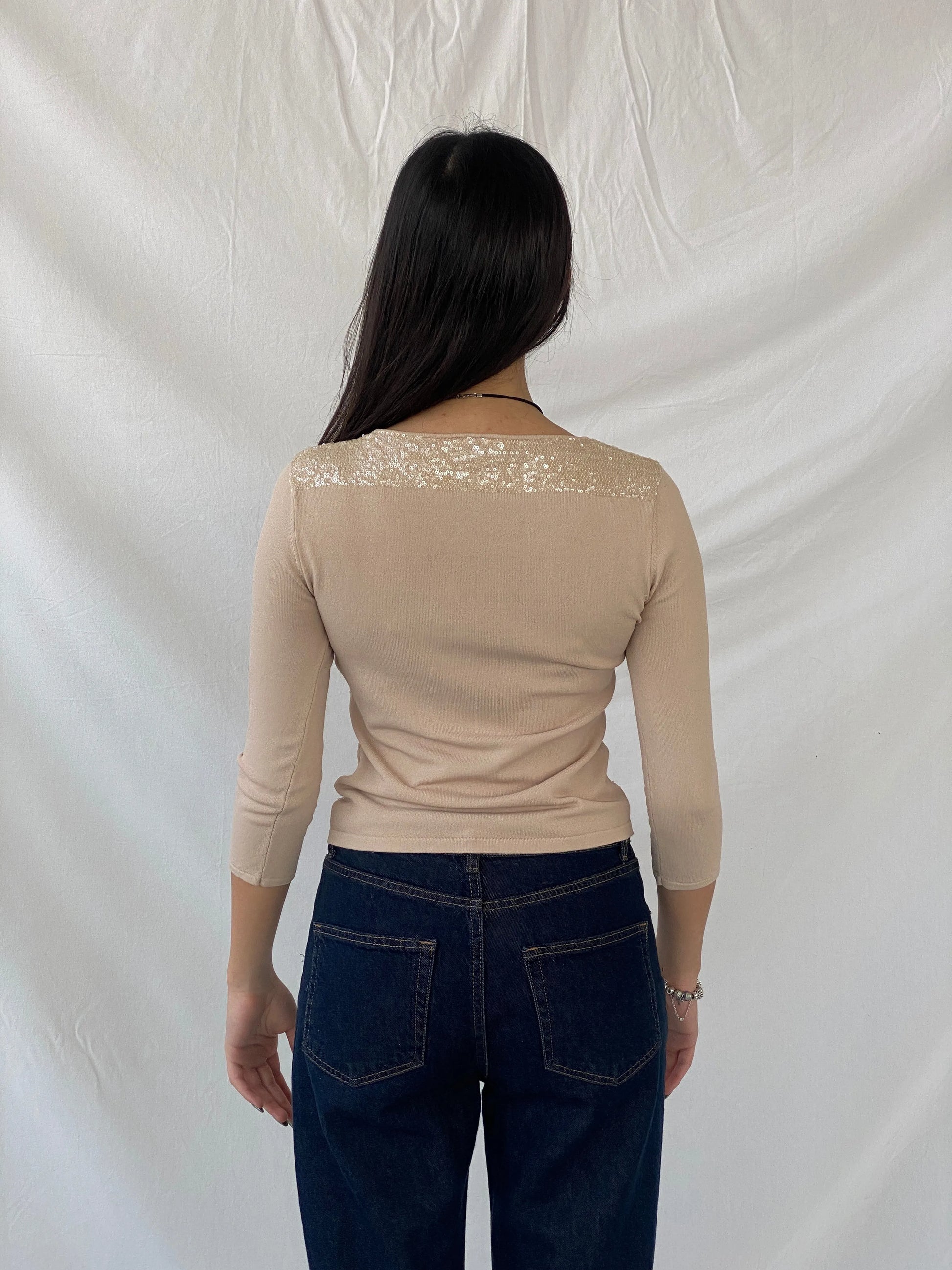 Y2K Caractêre Beige Beaded Round Neck Women’s Top - S - Balagan Vintage Full Sleeve Top 00s, full sleeve top, Syntia, women top